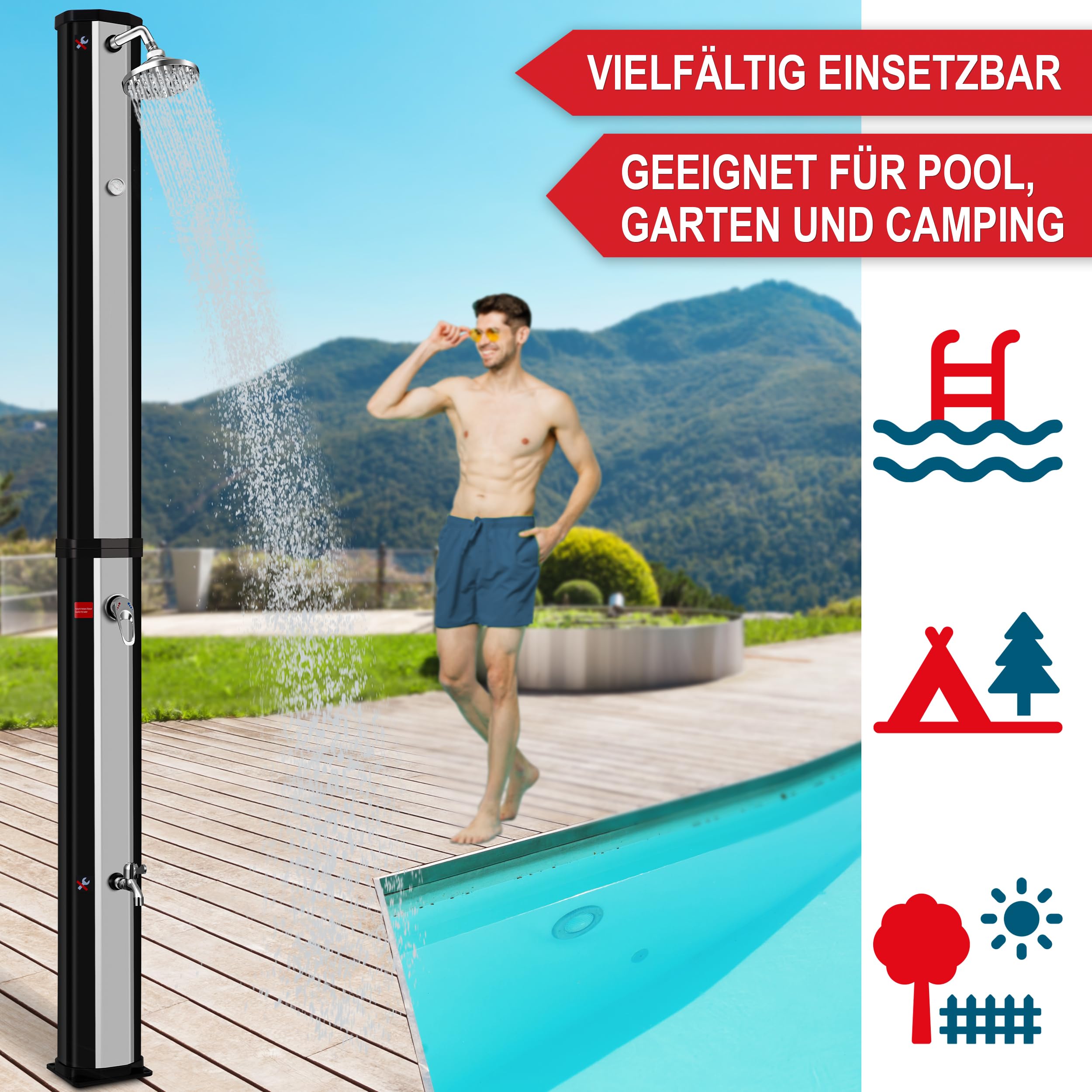 Onbest 35 Liter Solardusche Garten mit Regenschutz – Zusätzlicher Wasserhahn und integriertes Thermometer – 60°C – Warm - Kalt - Regler – Outdoor Gartendusche für Garten, Balkon & Pool – Solar Shower