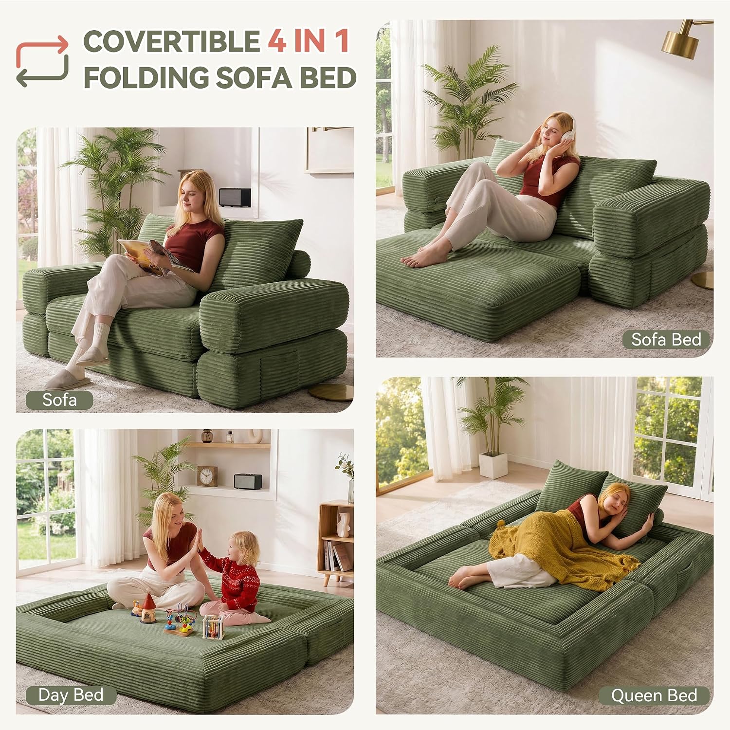 Jocoevol 4-in-1 Convertible Folding Sofa Bed, 68"L x 78"W Queen Size Foldable Sleeper Sofa Bed, Wide Corduroy Upholstery, Boneless Mattress Couch with Armrests & Neck Pillow for Living/Bedroom, Green