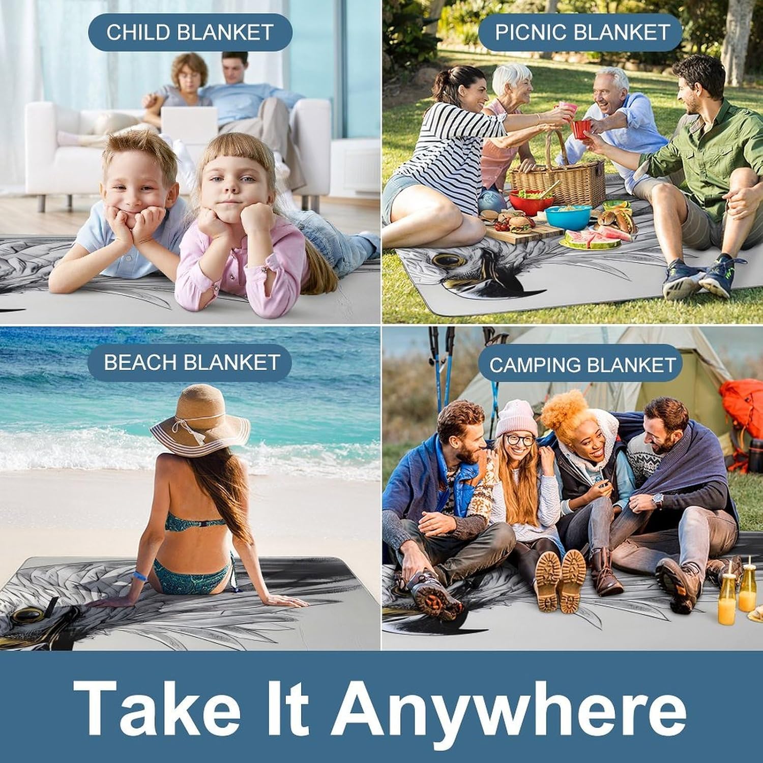 Sketching an Eagle Outdoor Mat Foldable ，Beach Blanket Waterproof Surface，Easy to Clean Travel Blanket， for Spring and Summer Grassland Camping