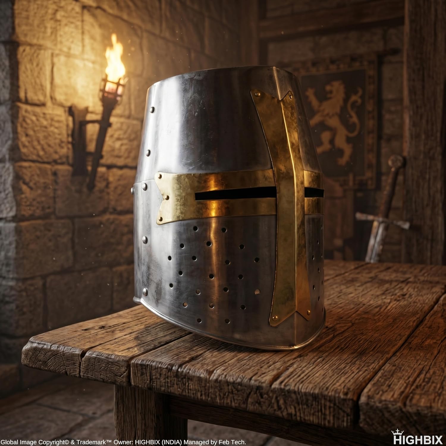 HIGHBIX Medieval Knight Templar Helmet with Brass Cross – Crusader Great Helm Replica – Steel Armor Helmet for LARP, Cosplay, Halloween Costume & Home Decor Display Stand Included