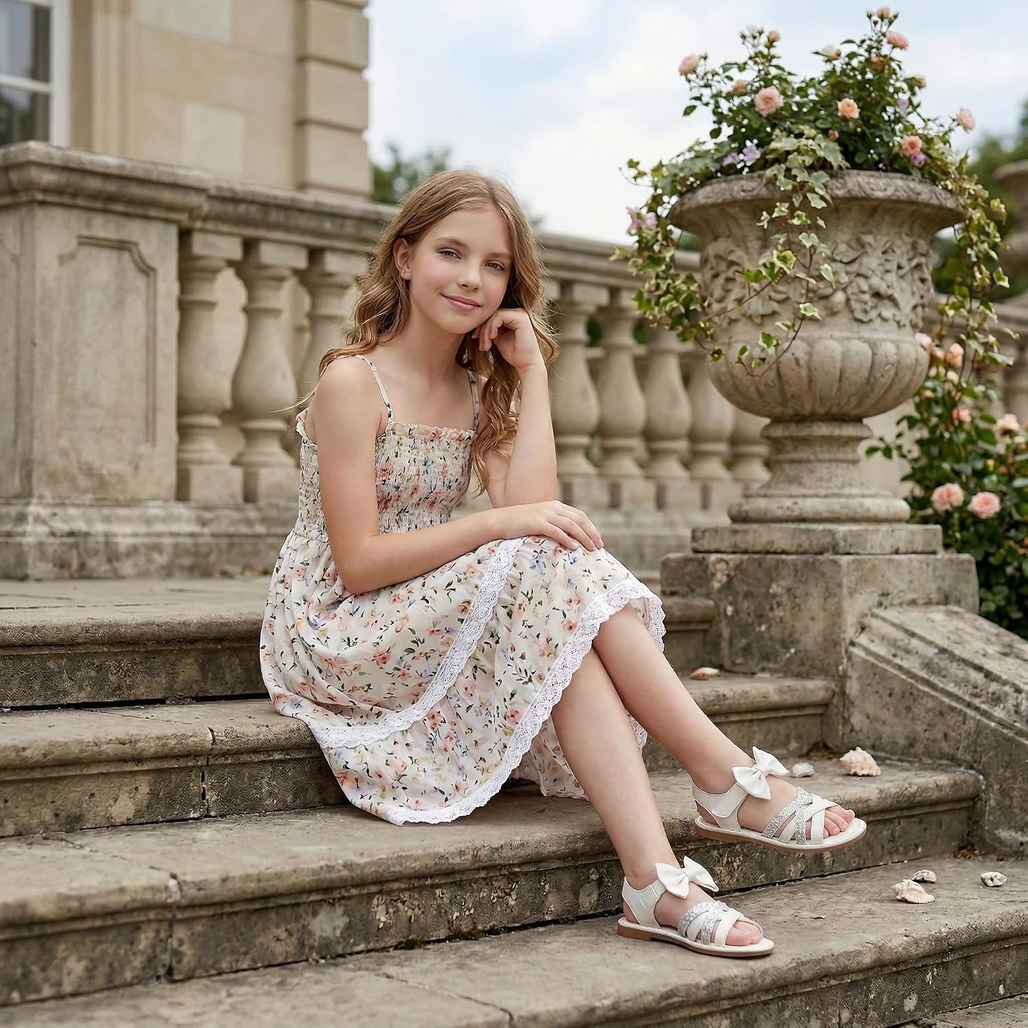 Girls Sandals Glitter Crisscross Strappy Open Toe with Bow Summer Dress Sandals