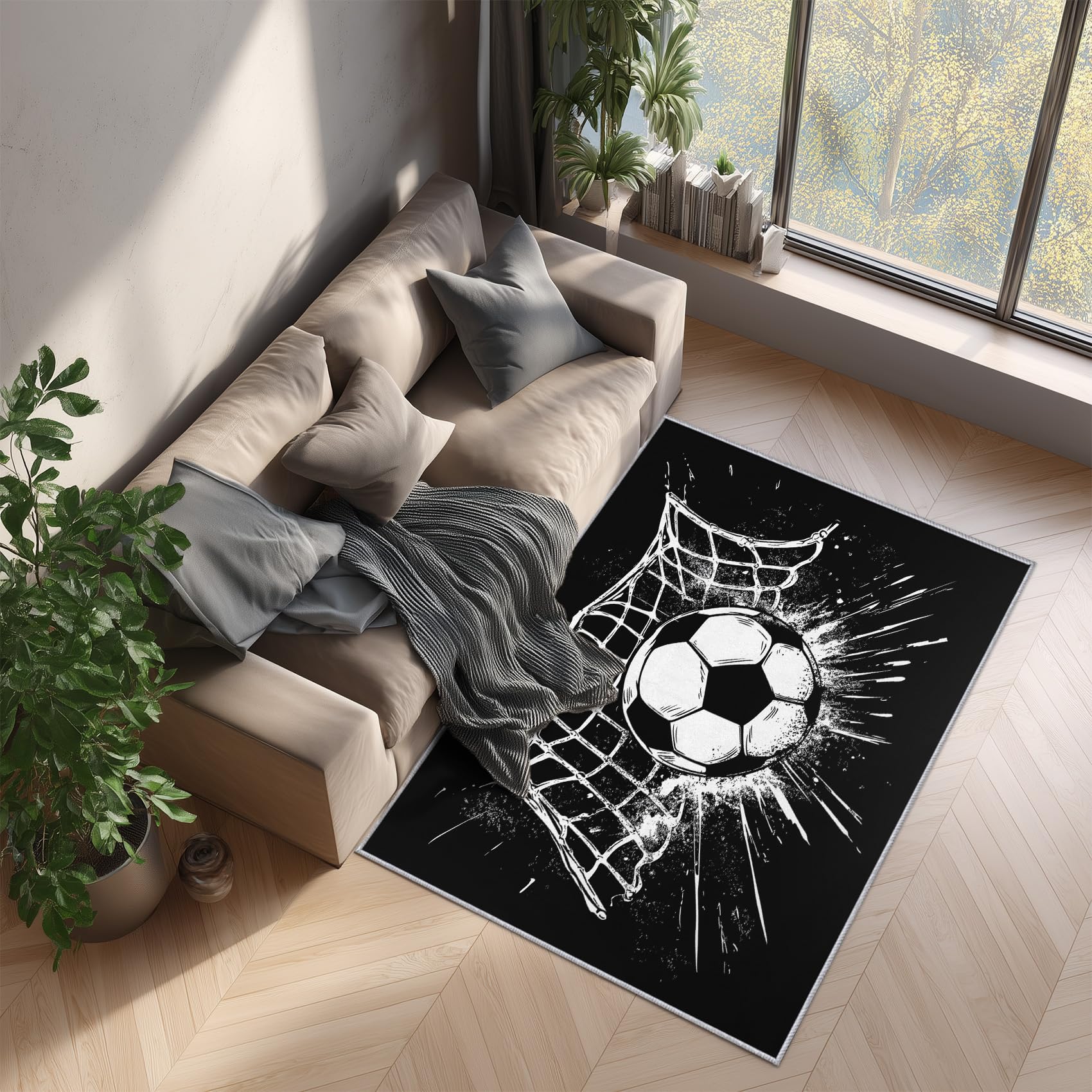 Générique Tapis Salon Foot, Tapis Chambre Noir Blanc Football, Doux Flanelle Poil Court 60x110 cm - Lavable Antidérapant Paillasson H-21
