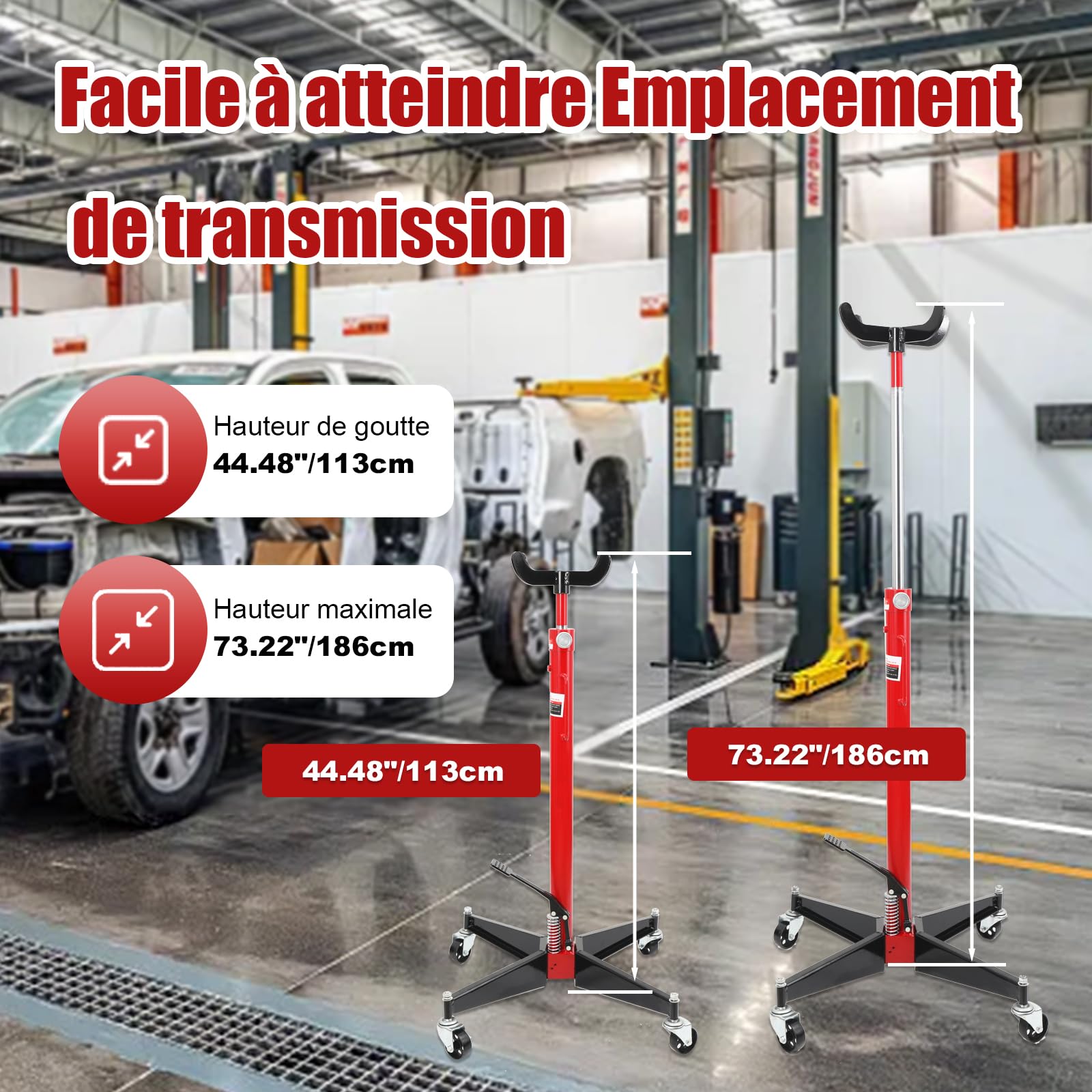 Vérin de Fosse pour Boîte de Vitesse Cric Transmission Hydraulique Appareil Levage Moteur 500kg Jack avec Rouleaux à Quatre Roues pour Voitures et Camions, Hauteur de Levage 113-186cm
