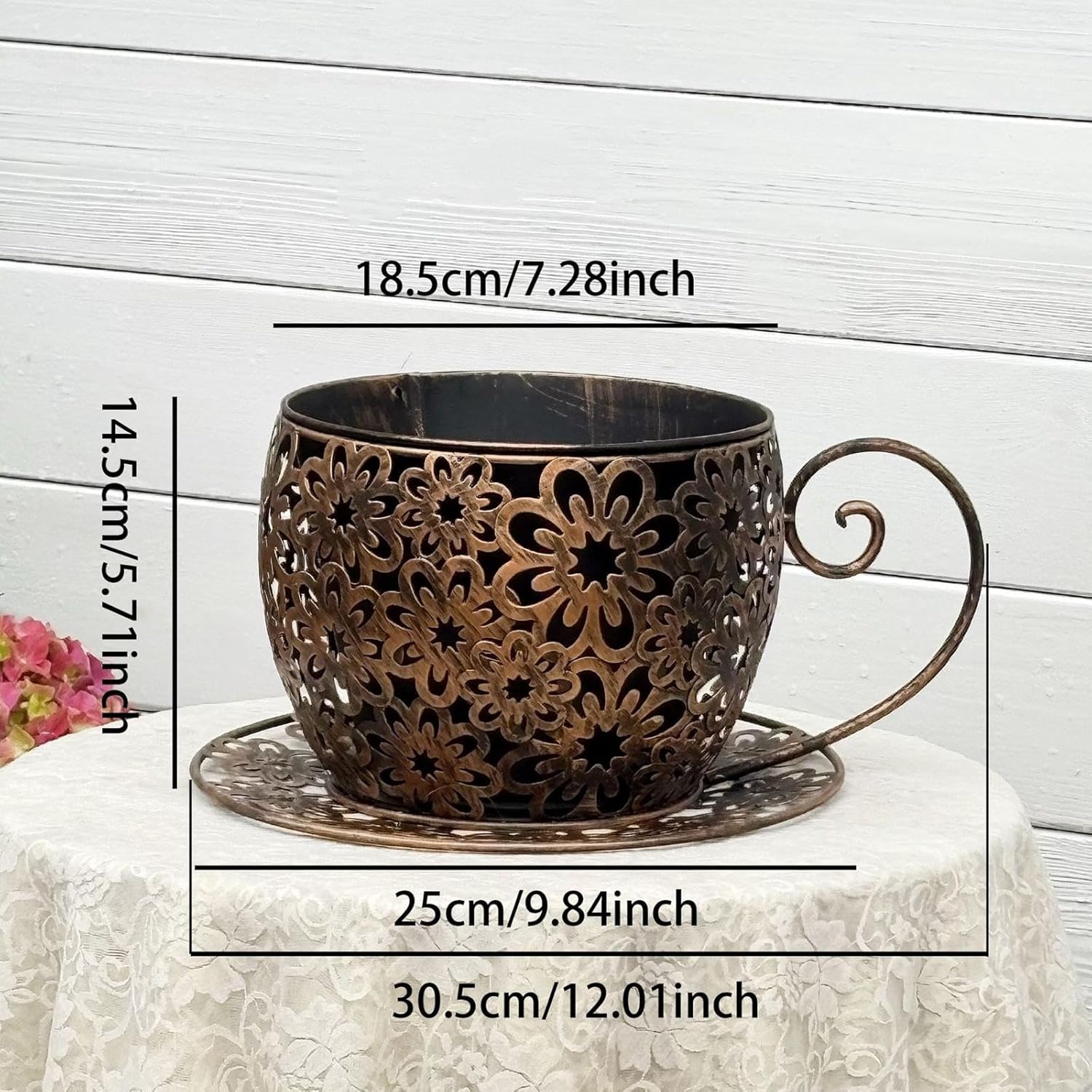 Planter Pot Flower Pot Creative Art Flower Pots Metal Coffee Cup Planter for Yard Restaurant Hotel Bookshelf Decor, Bronze