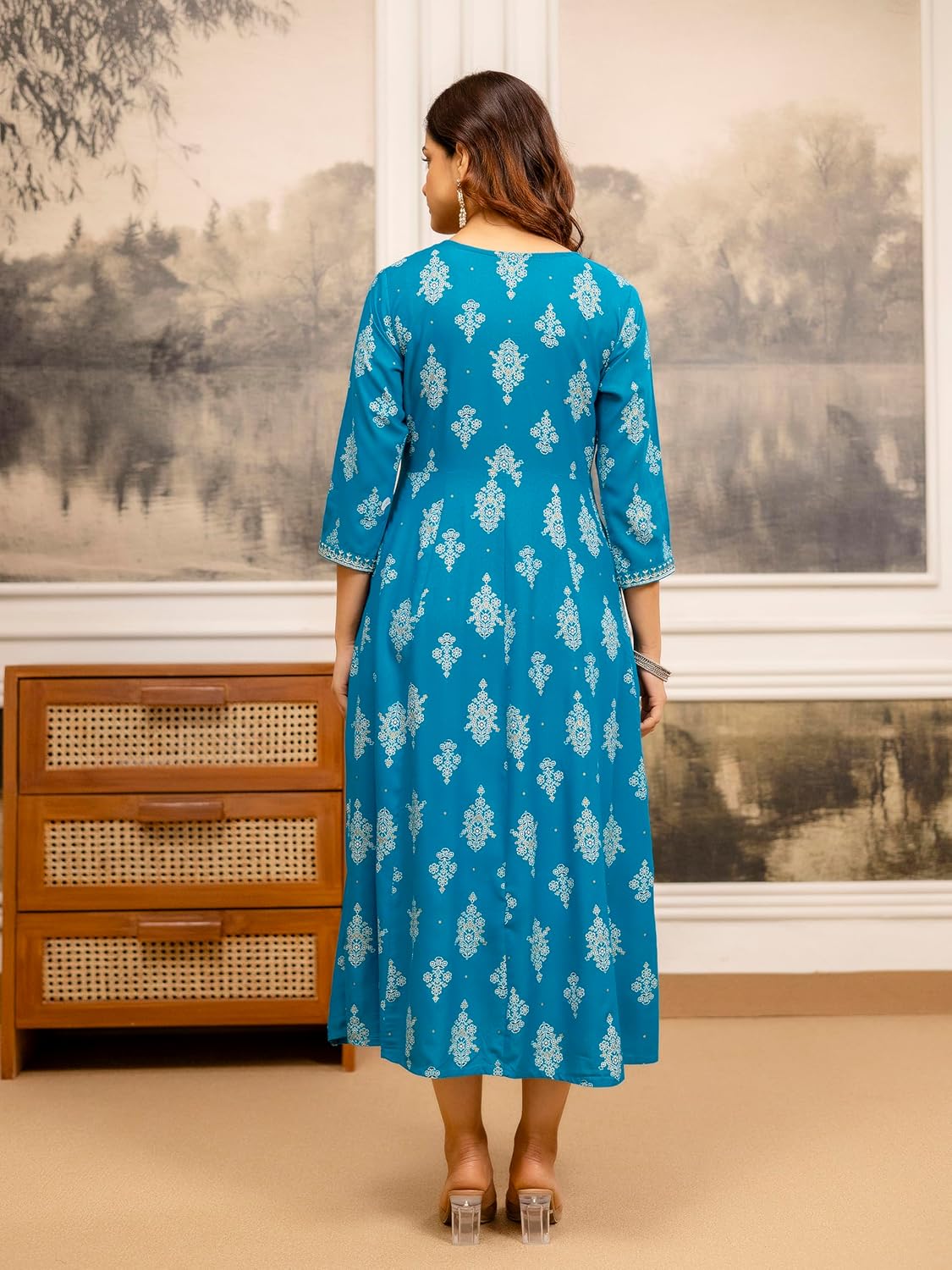 TRENDMALLS Women's Cotton Embroidery Sequence Work Foil Print A-Line Flared Kurti for Women