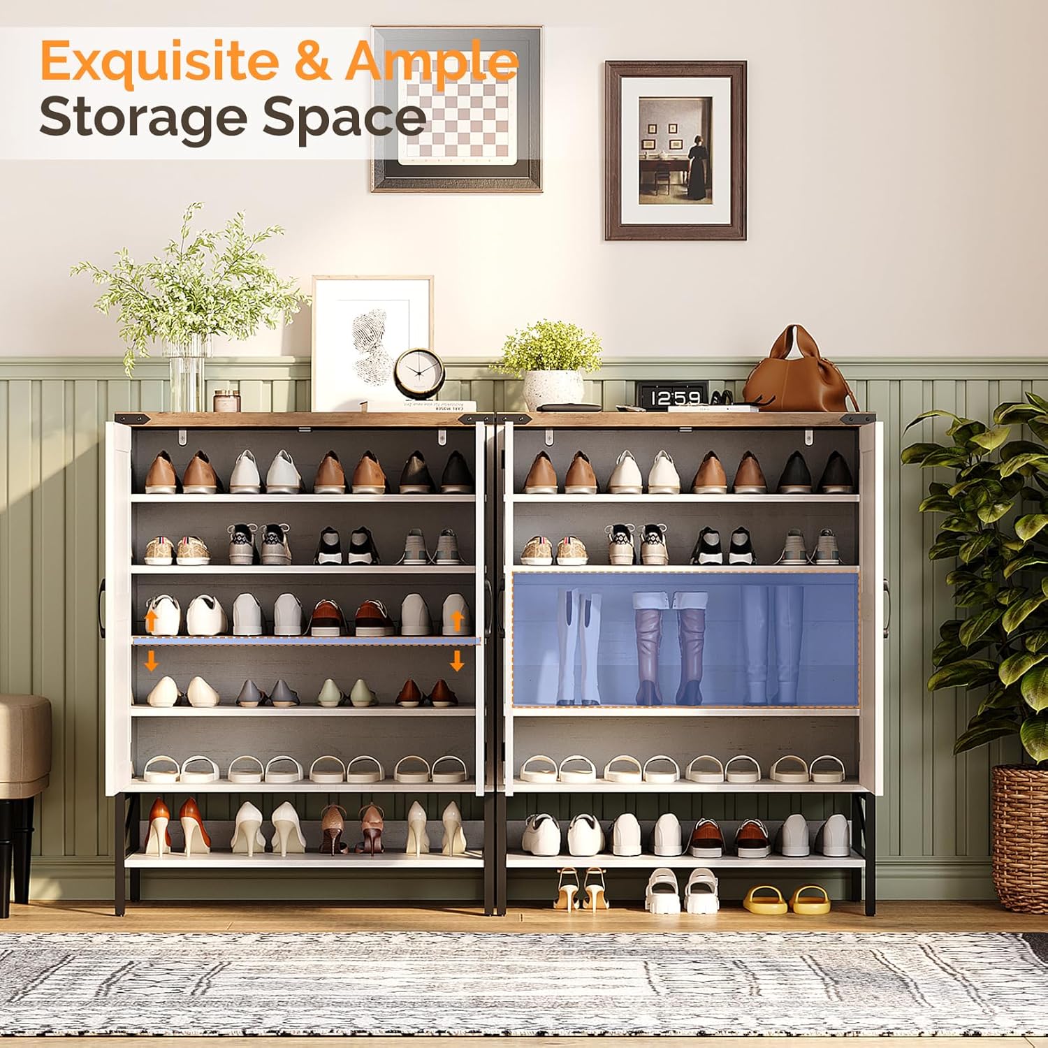 VINGLI Farmhouse Shoe Cabinet for Entryway, 32" Antique White Shoe Storage Cabinet with 2 Barn Doors, Large Capacity Shoe Organizer with Adjustable Shelves for Foyer, Bedroom, Closet