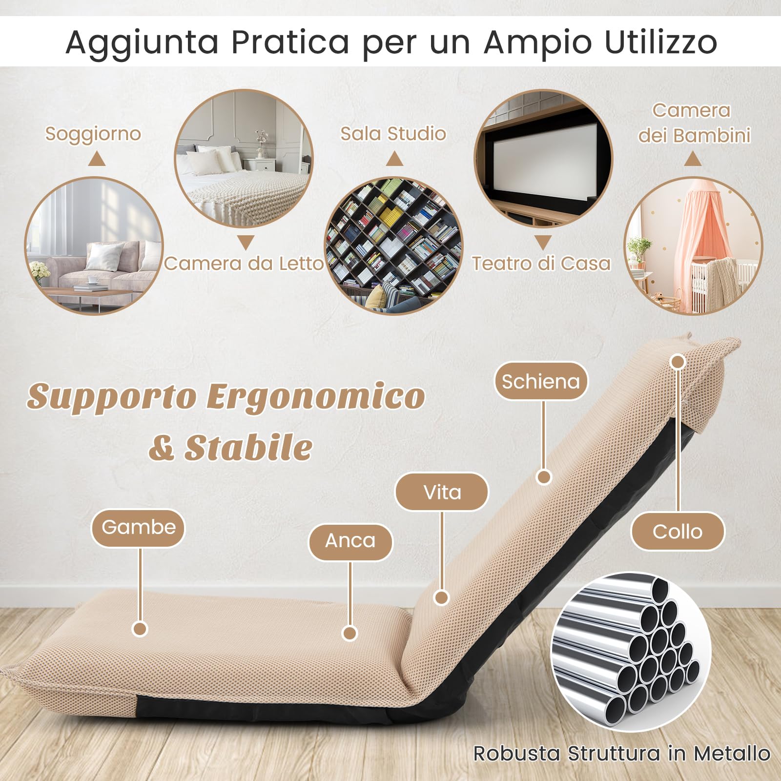 COSTWAY Sedia da Pavimento, con Schienale Regolabile a 6 Livelli, Cuscino da Terra Pighevole Imbottito in Spugna, Sedia Reclinabile per Salotto Camera da Letto Studio Relax Lettura (Beige)