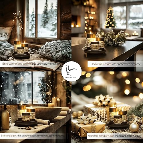 Miniatura 3 de IYARA CRAFT Portavelas Tealight con bandeja, juego de 3 portavelas de madera rústica negra con acento de cuerda natural, acogedor centro de mesa de