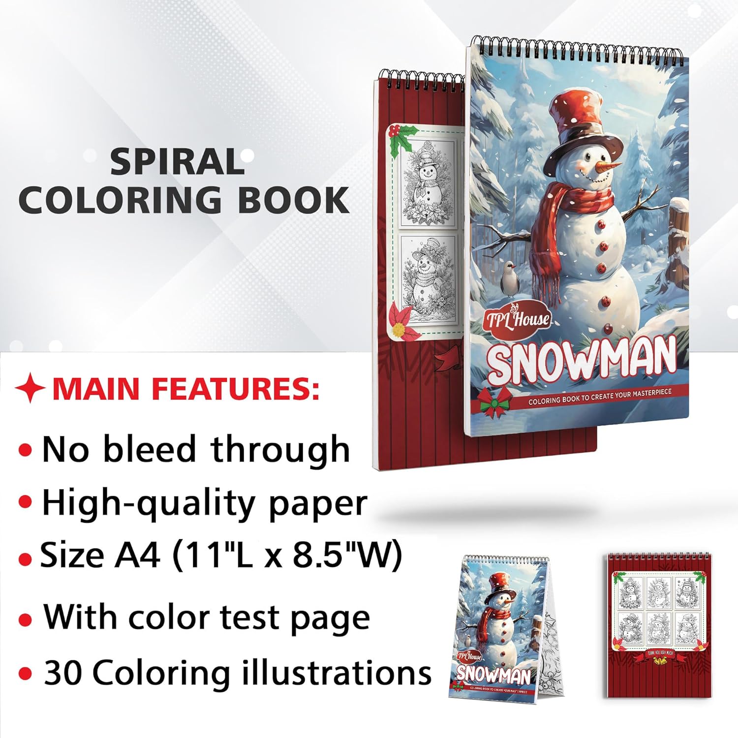 TPLHOUSE Snowman Coloring Book Spiral Bound for Adults, Premium Cover, 30 Cheerful Snowman Coloring Pages in Merry Christmas Day for Relaxation