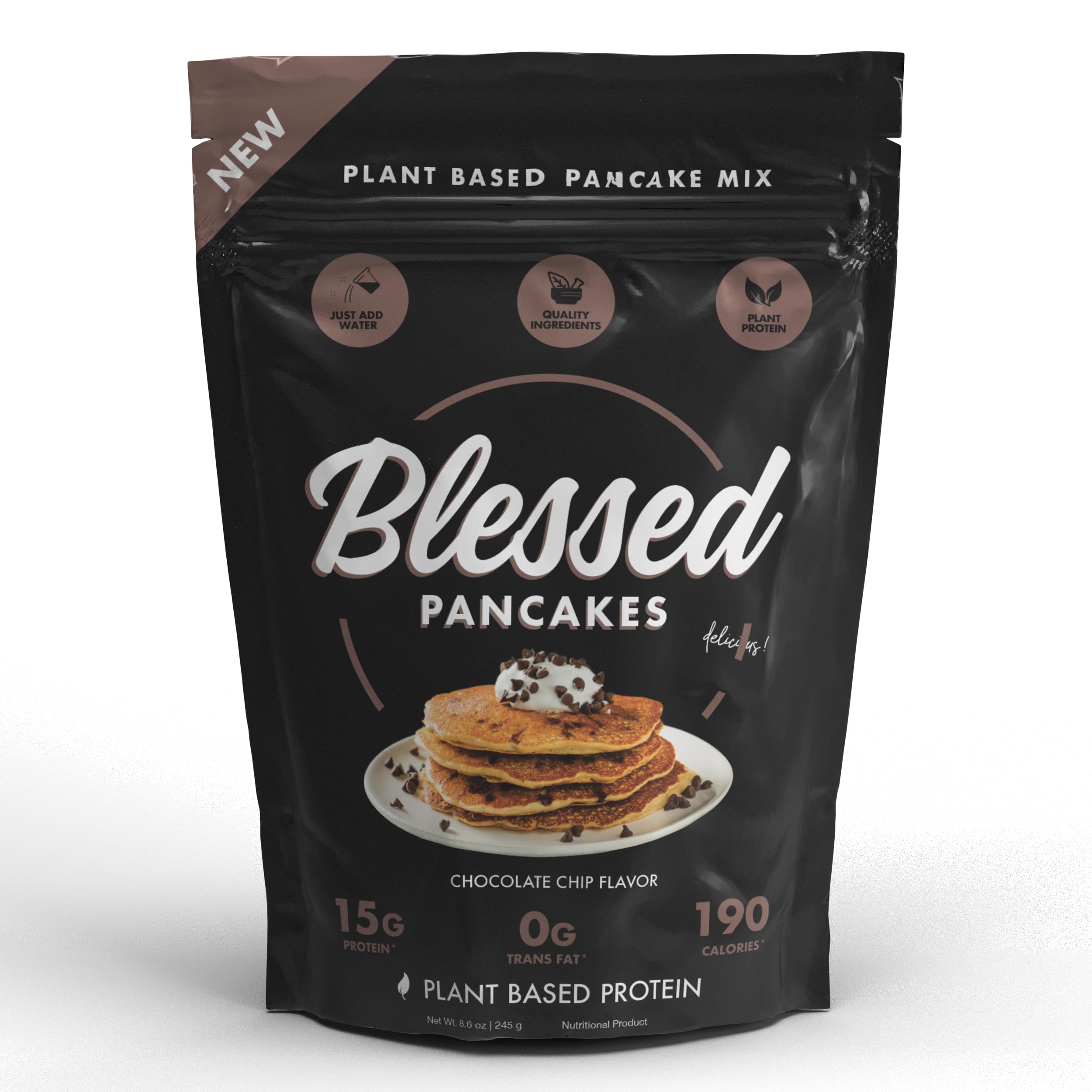 Blessed Vegan Pancake Mix (16g Protein) - Plant Based Protein - Low Calorie, Naturally Sweetened, Dairy Free Protein Pancakes - High Protein Pancake Mix, Choc Chip