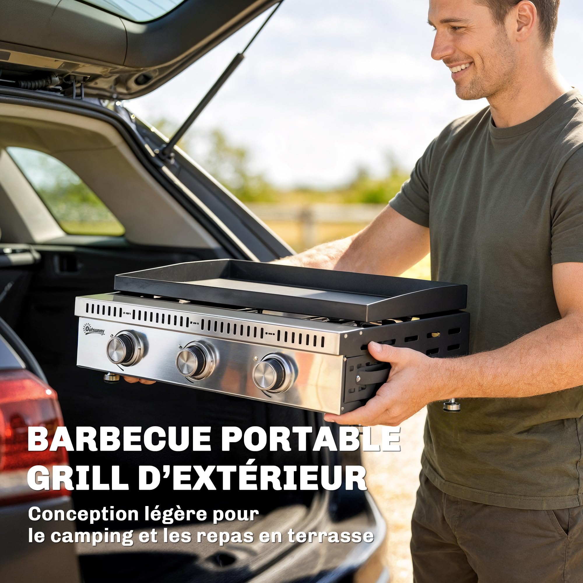 Outsunny Plancha gaz 9 kW 3 brûleurs en acier inoxydable, surface cuisson 56,5 x 33 cm avec bac de récupération des graisses, propane/butane/GPL, portable pour camping, pique-nique et terrasse, noir
