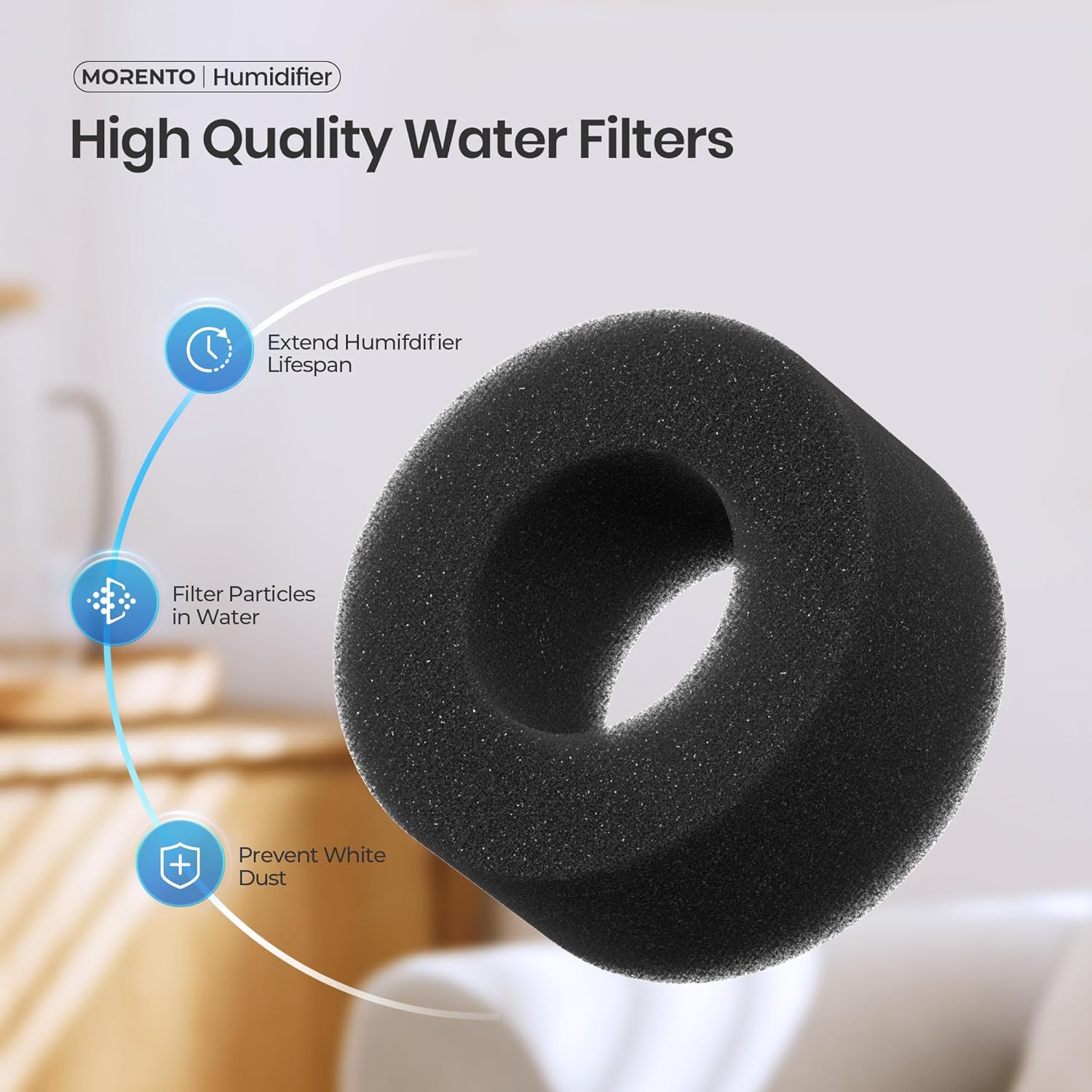 Close-up of a black MORENTO humidifier water filter, highlighting its benefits: extending humidifier lifespan, filtering particles, and preventing white dust.