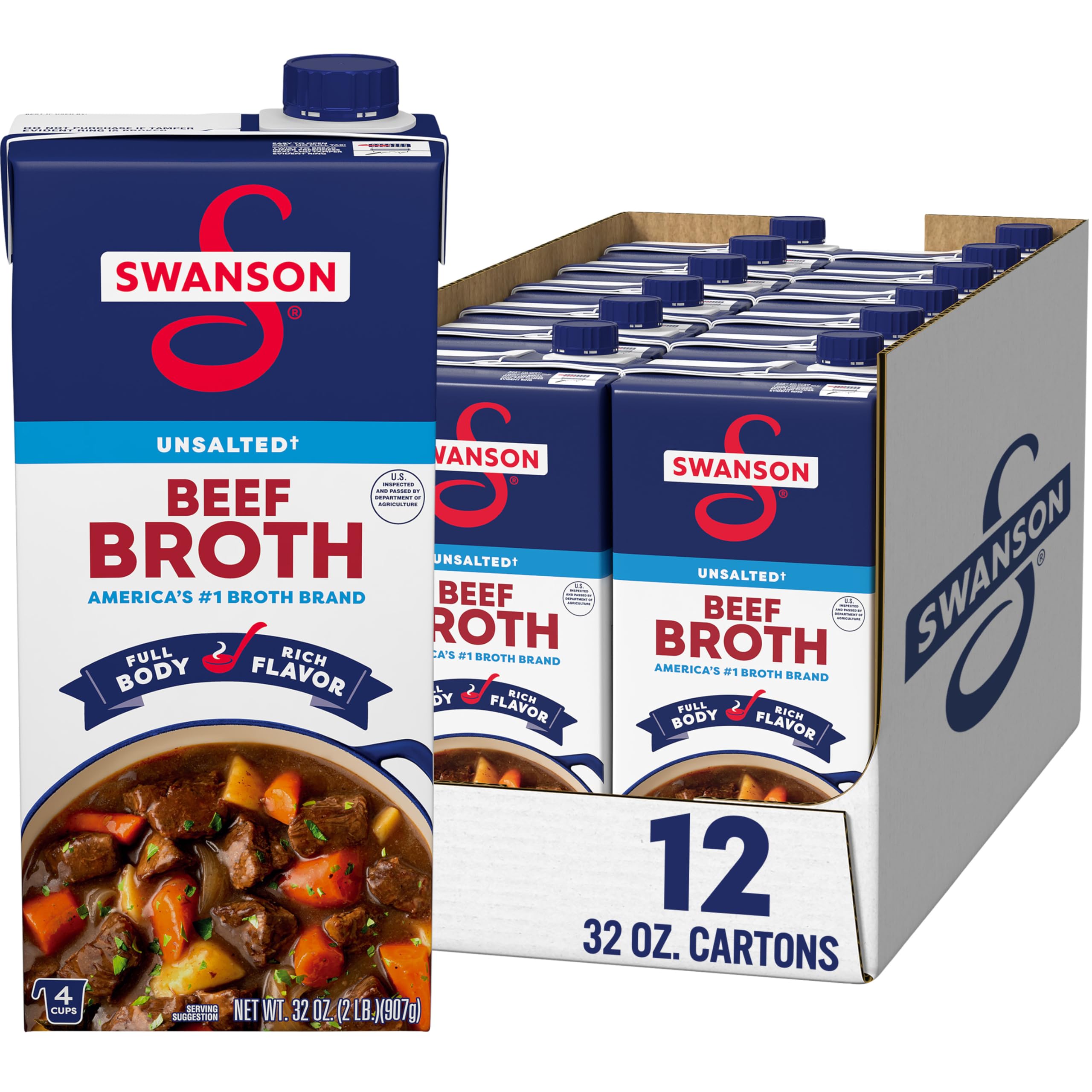 SWANSON S 100% Natural Unsalted Beef Broth, 32 oz. (Pack of 12)