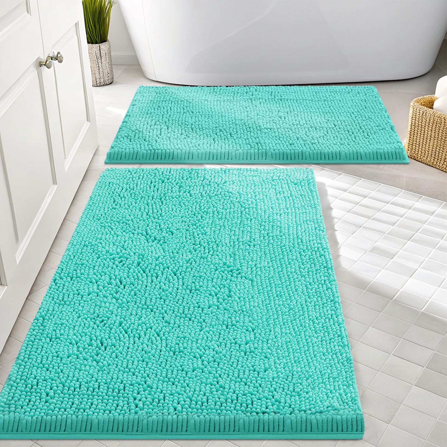 Smiry Chenille Bathroom Rugs Sets 2 Piece (30x20+24x16, Turquoise)