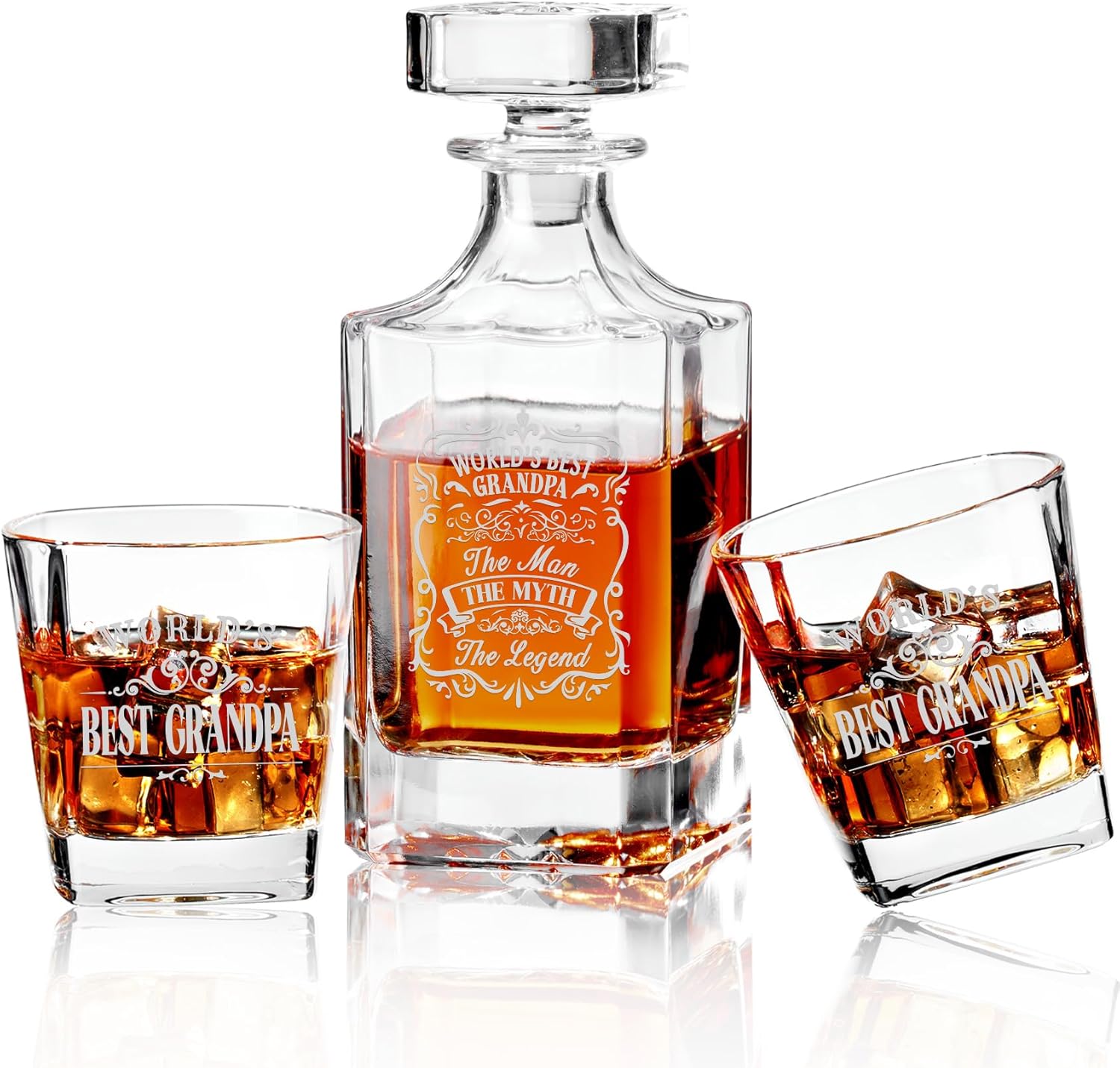 Personalized Whiskey Decanter Set with 2 Glasses, Laser Engraved Lead-Free Decanter Gift Set for Men, 750ml Glass Bottle Bar Accessories Fathers Day Birthday Retirement Gifts for Grandpa