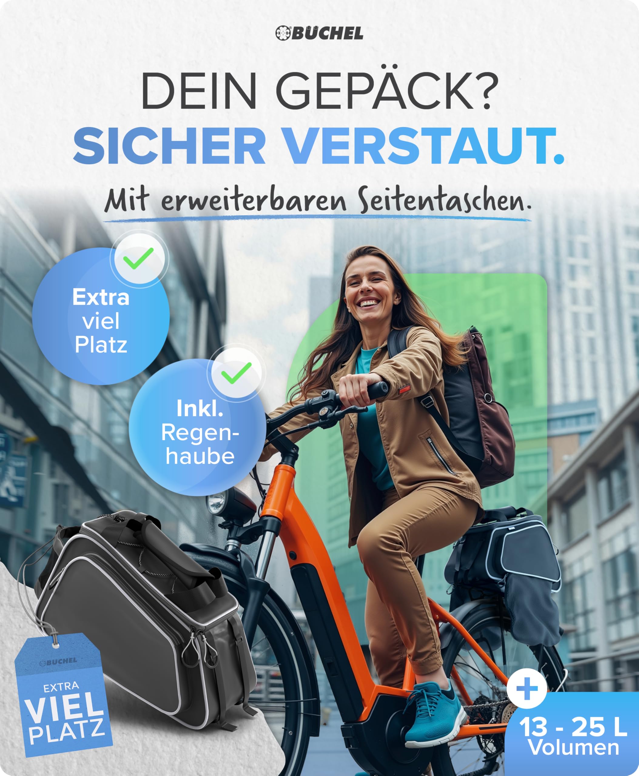Büchel Fahrradtasche Für Gepäckträger – wasserdichte & Reflektierende Fahrradtasche, inkl. Regenschutzhaube – Kompakte Gepäckträgertasche mit Durchdachtem Stauraum für E-Bikes