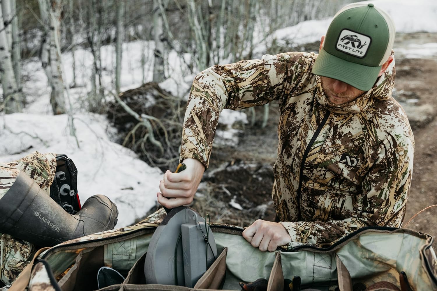 First Lite Men's Rugged Wool Zip Hoody - Durable Merino Wool Camo Hunting Jacket