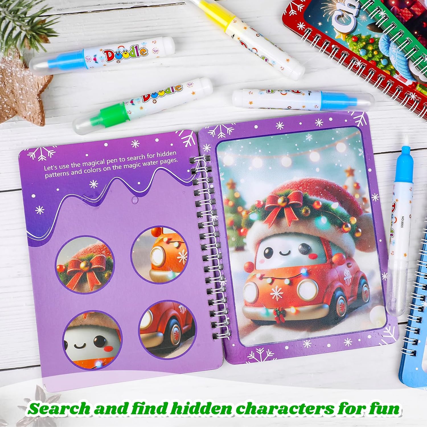 FINGOOO Xmas Water Coloring Books, 5 Pack Watercolor Painting Craft Kits for Kids Drawing Activities Toys Gifts Christmas Stocking Stuffers - Image 6