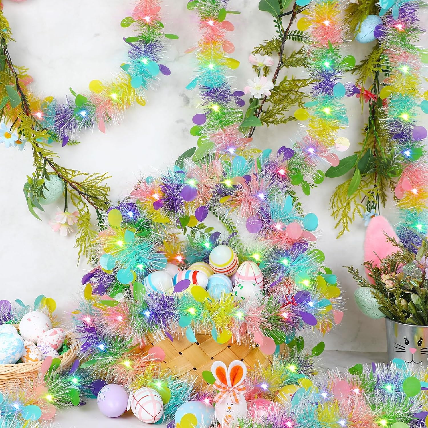 8Pieces Colorful Tinsel Twist Ornament Each 6.5ft Long Colorful Fringes Artifical Vine for Door Window Tree Mantel Wall