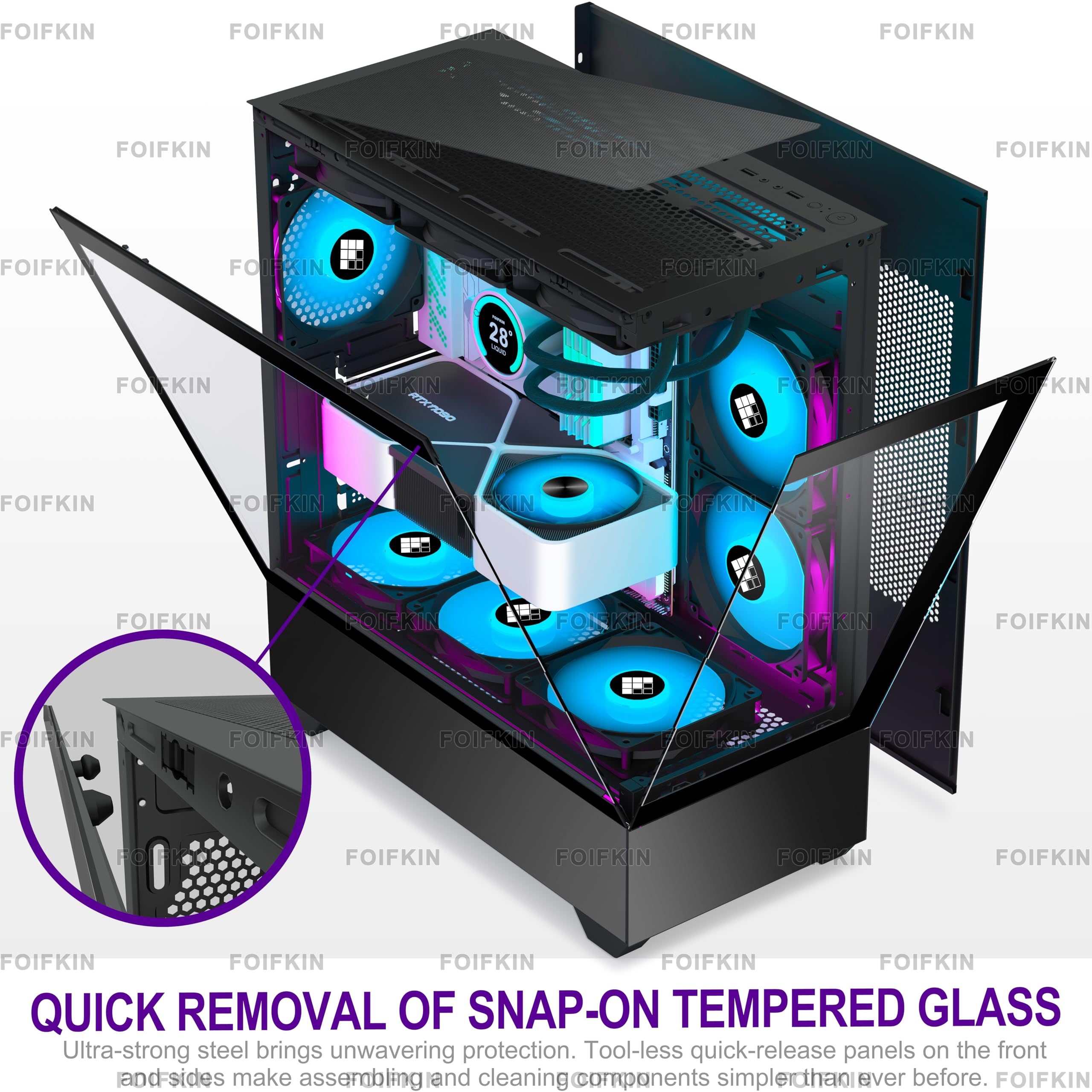 FOIFKIN F1 Case PC – Ventola preinstallata 5 PWM ARGB ATX Mid-Tower Gaming PC, vetro panoramico 270°, con Type-C (nero)