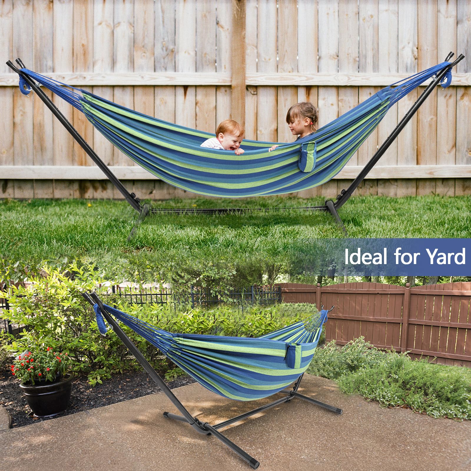 Bonnlo Hamaca con Soporte para Exterior,Hamacas Colgantes, Capacidad de Carga hasta 204 kg, Incluye Bolsa de Transporte, Hamaca Jardin, Hamacas Colgantes,Altura Ajustable (Azul-Verde)