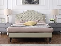 Vista 1 de Base de cama de plataforma tapizada completa con cabecero ajustable de 47 pulgadas de alto, cama de lino con botones, soporte de listones de madera