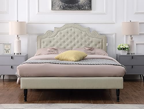 Miniatura 7 de Base de cama tapizada individual con cabecera ajustable de 47 pulgadas de alto cama de lino con botones soporte de listones de madera con espacio de