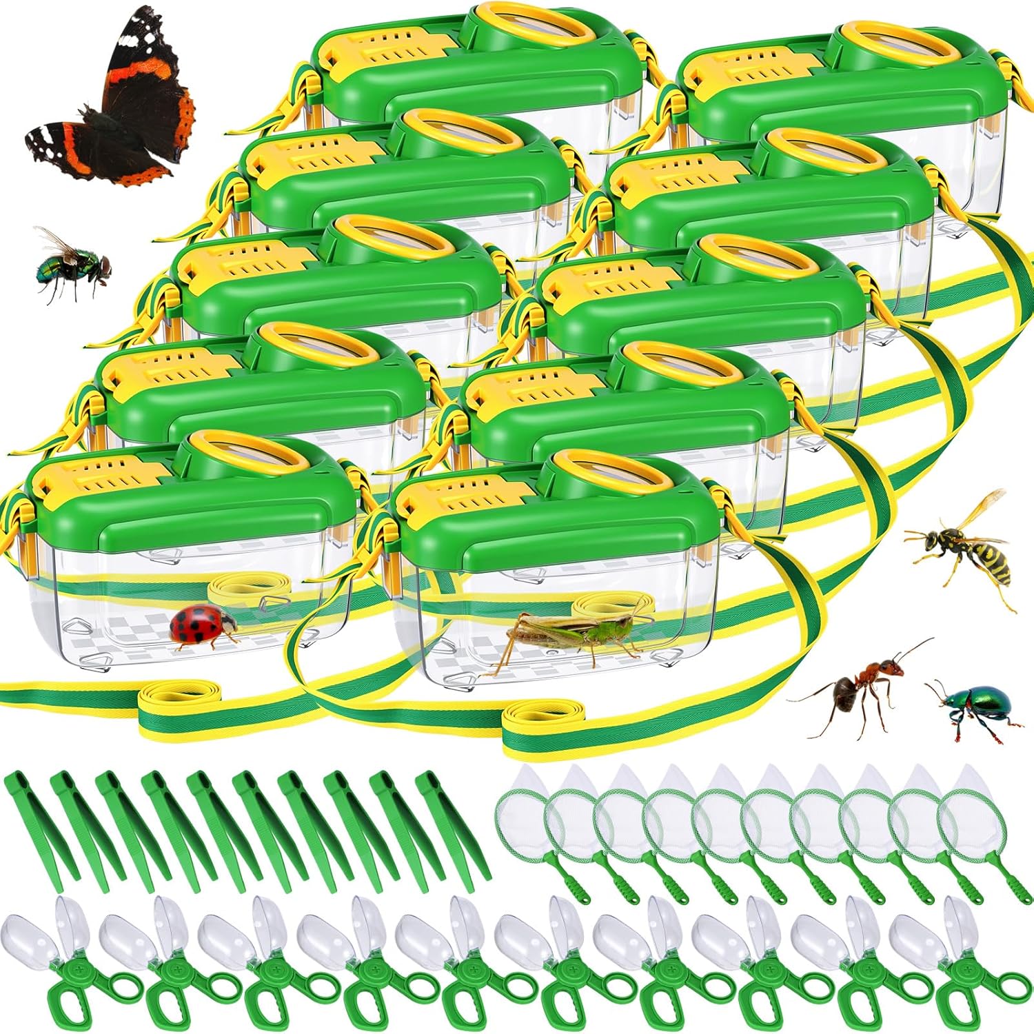 Halloscume 10 Sets Bug Catcher for Kids Students Insect Catching Kit Collector Bug Box with House, Butterfly Net, Tweezer, Cage Habitats Container Collection Explorer Gift (Green)