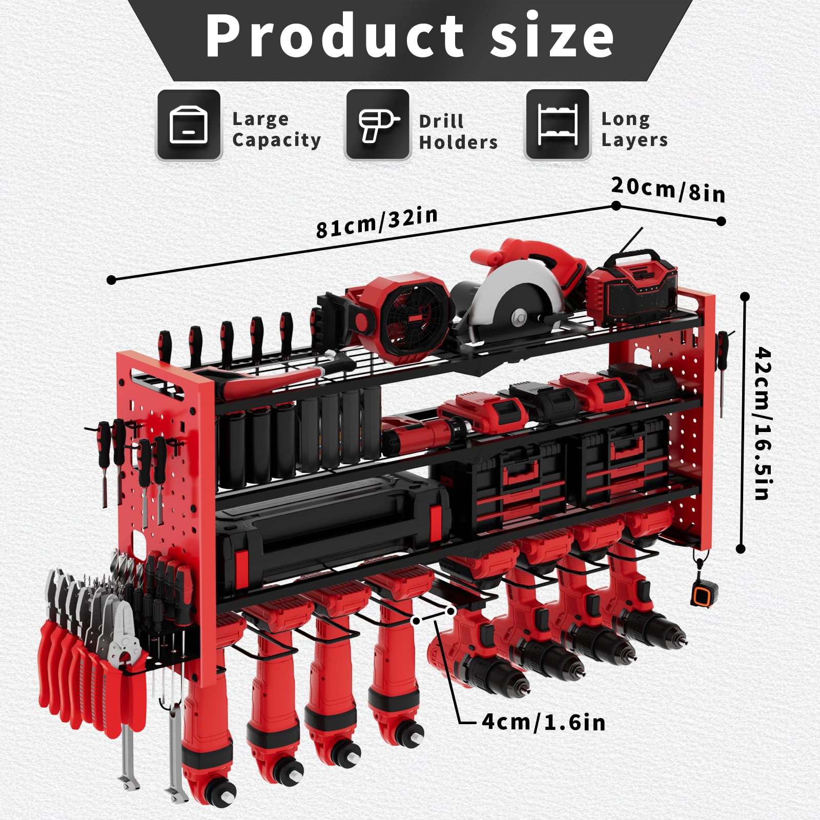 Support mural pour outils à 3 niveaux - Pour 8 outils électriques - Parfait pour les garages et les ateliers (81 x 42 x 20 cm)