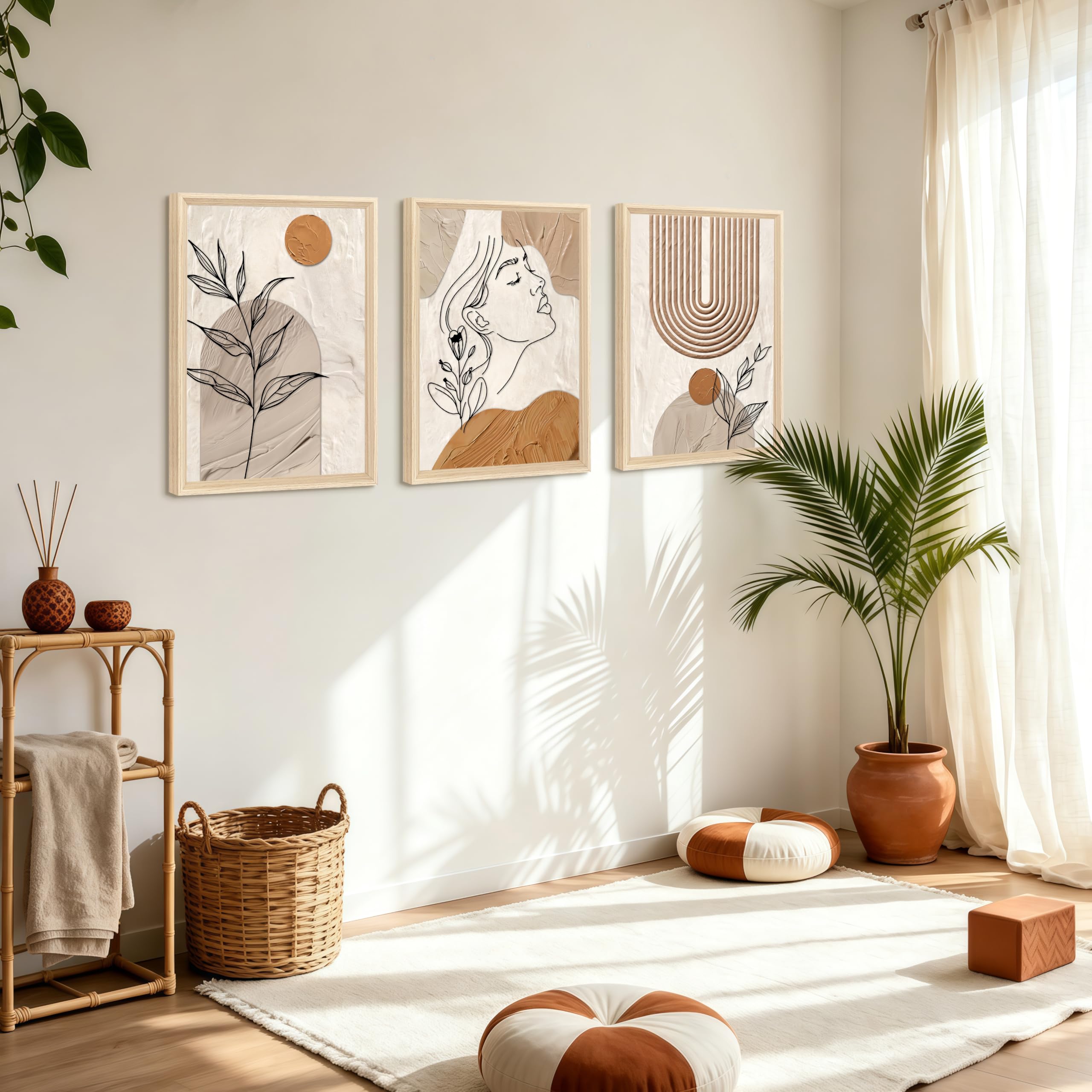 3 Pcs Wooden Framed Canvas Wall Art Set Bohemian Sage Green Canvas Prints Poster Geometric Line Beige Green Pictures for Living Room Bedroom Dinning Room Hallway Stairs Wall Decor 30x40cm x3pcs — view 218