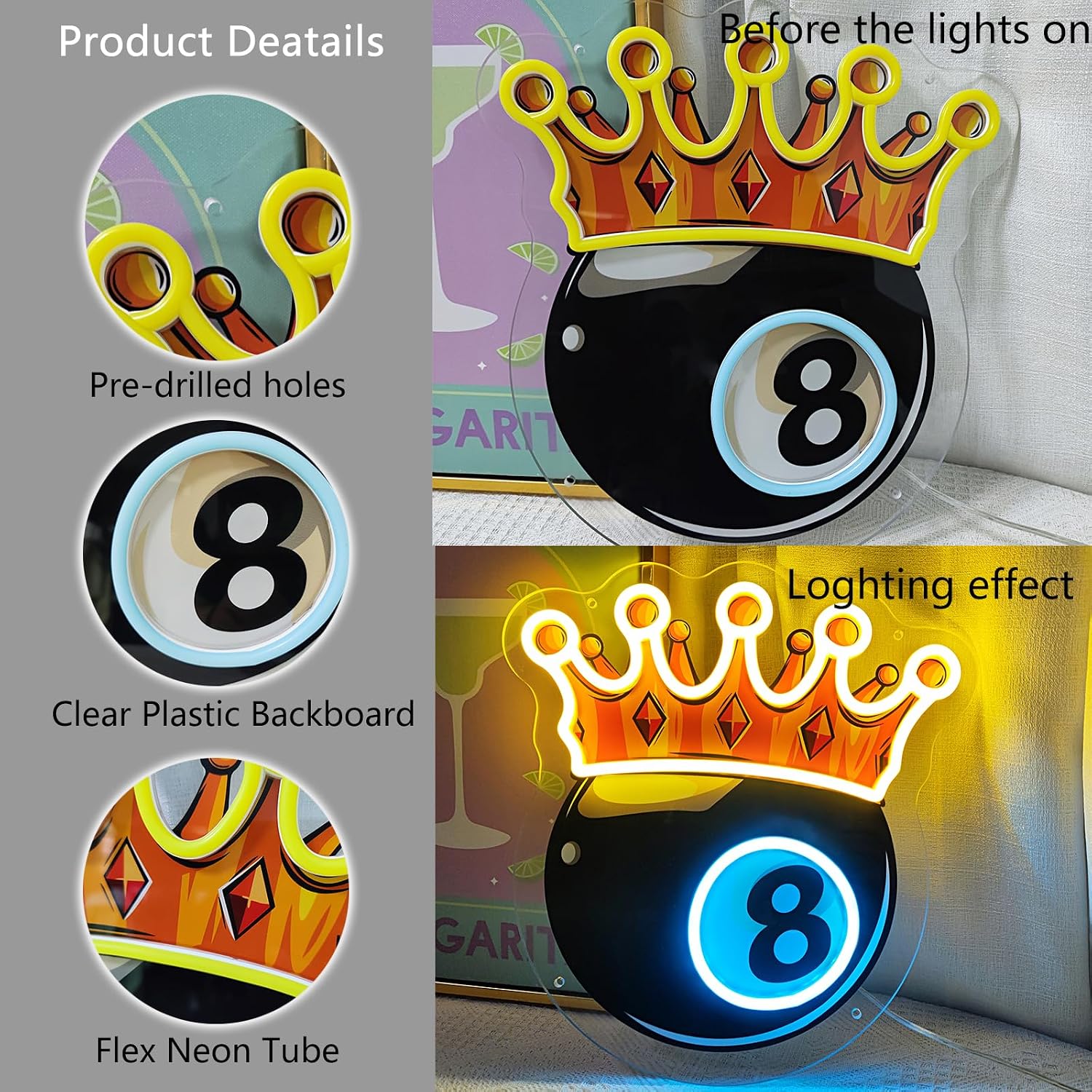 Billiards Neon Signs for Wall Decor,12.8 * 13.7 Inches Light Up Led Sign for Bedroom Home Family Birthday Bar Man Cave Gaming Room, Custom Neon Signs for Party Night Personalized Light Neons, INSNEnN