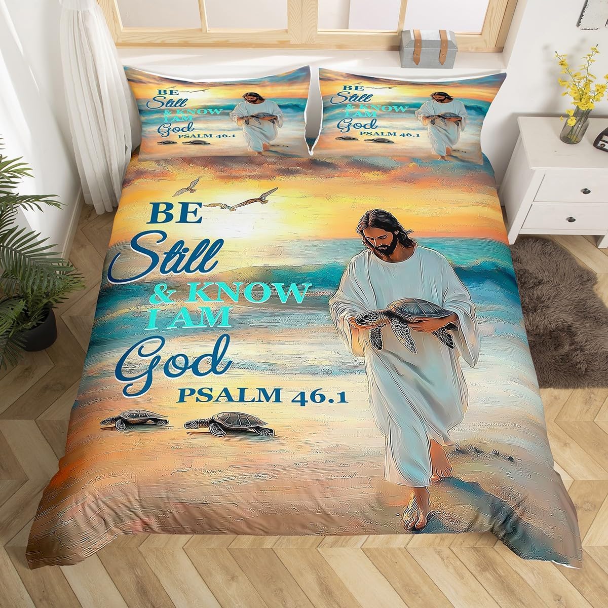 Bible Verses Duvet Cover Sets Queen Size,Ocean Beach Bedding Set 3Pcs for Kids Boys Girls Teens Room Decor,Bible Verses Theme Comforter Cover Inspirational Quotes Quilt Cover,2 Pillowcases