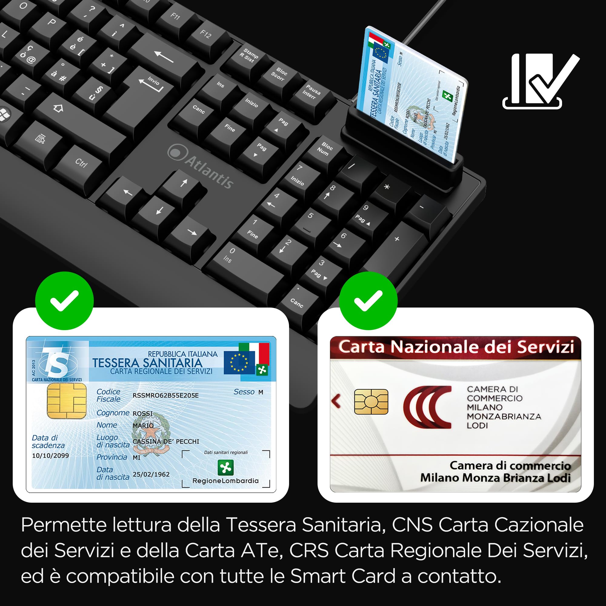 Atlantis Teclado con lector de tarjetas inteligentes integrado, QWERTY italiano, lectura CNS, CRS, tarjeta de salud, firma digital, puerto USB, cable de 1,5 m - negro