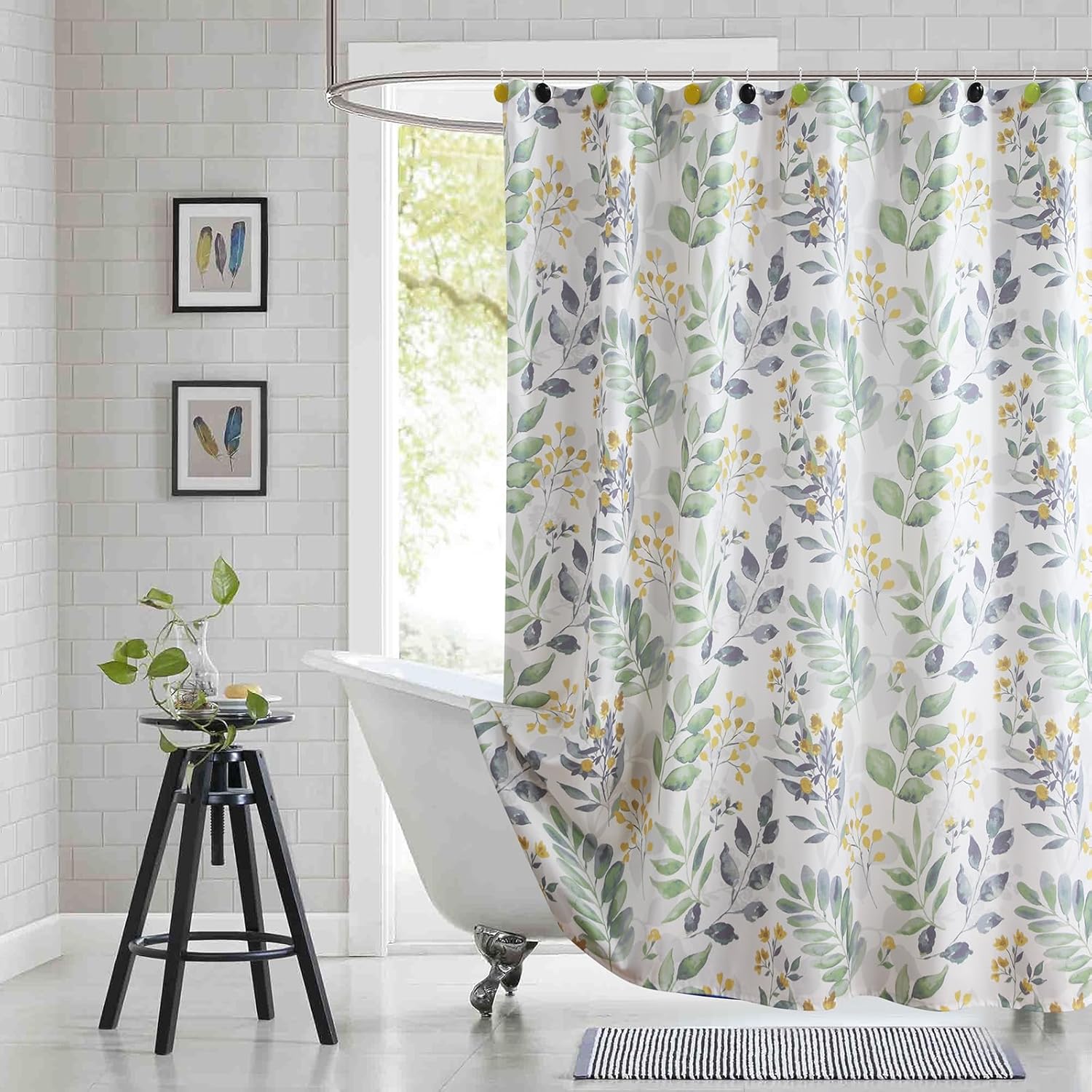 90 Inch Fabric Shower Curtain, Extra Long Sage Green Gray Yellow Watercolor Botanical Leaf Shower Curtains for Bathroom, 72" W x 90" H