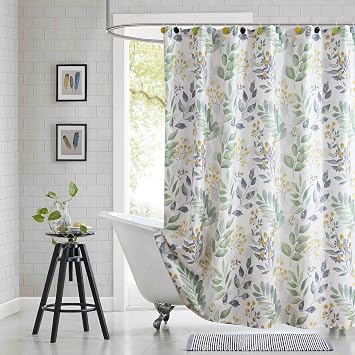 Stall Fabric Shower Curtain, Sage Green Gray Yellow Watercolor Botanical Leaf Print Waterproof Shower Curtains for Bathroom, 54" W x 72" H