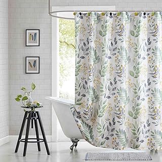 Extra Wide Fabric Shower Curtain, Sage Green Gray Yellow Watercolor Botanical Leaf Print Wrap Around Shower Curtains for Bathroom Clawfoot Tubs, 108" W x 72" H