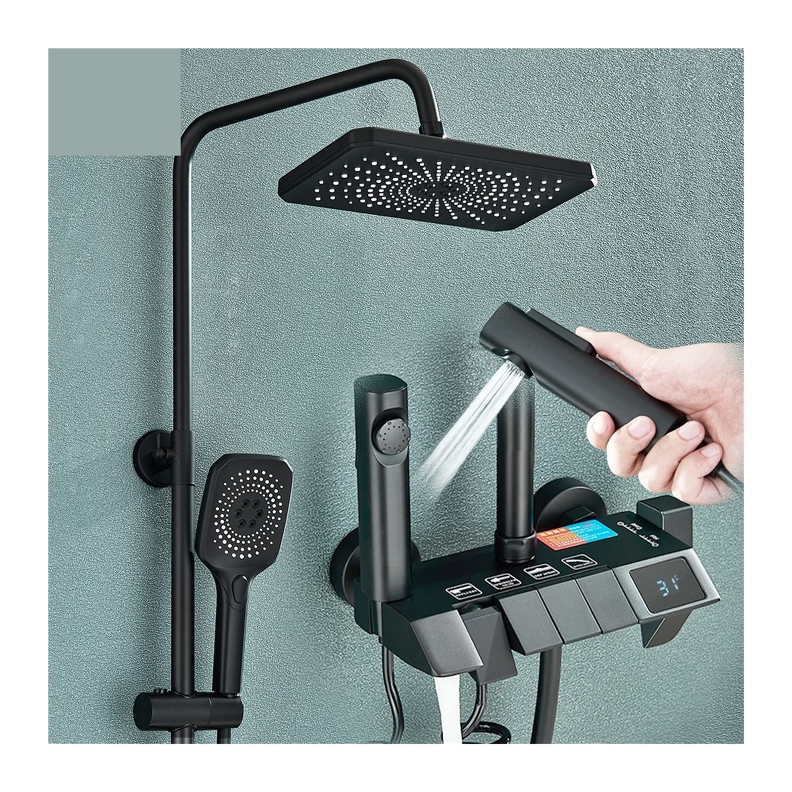 CWCQGH Thermostatic Shower Mixer Set Black Smart Digital Display Shower Faucet Set Piano Style Bathroom Grey Digital Mixer Tap Bidet Shower