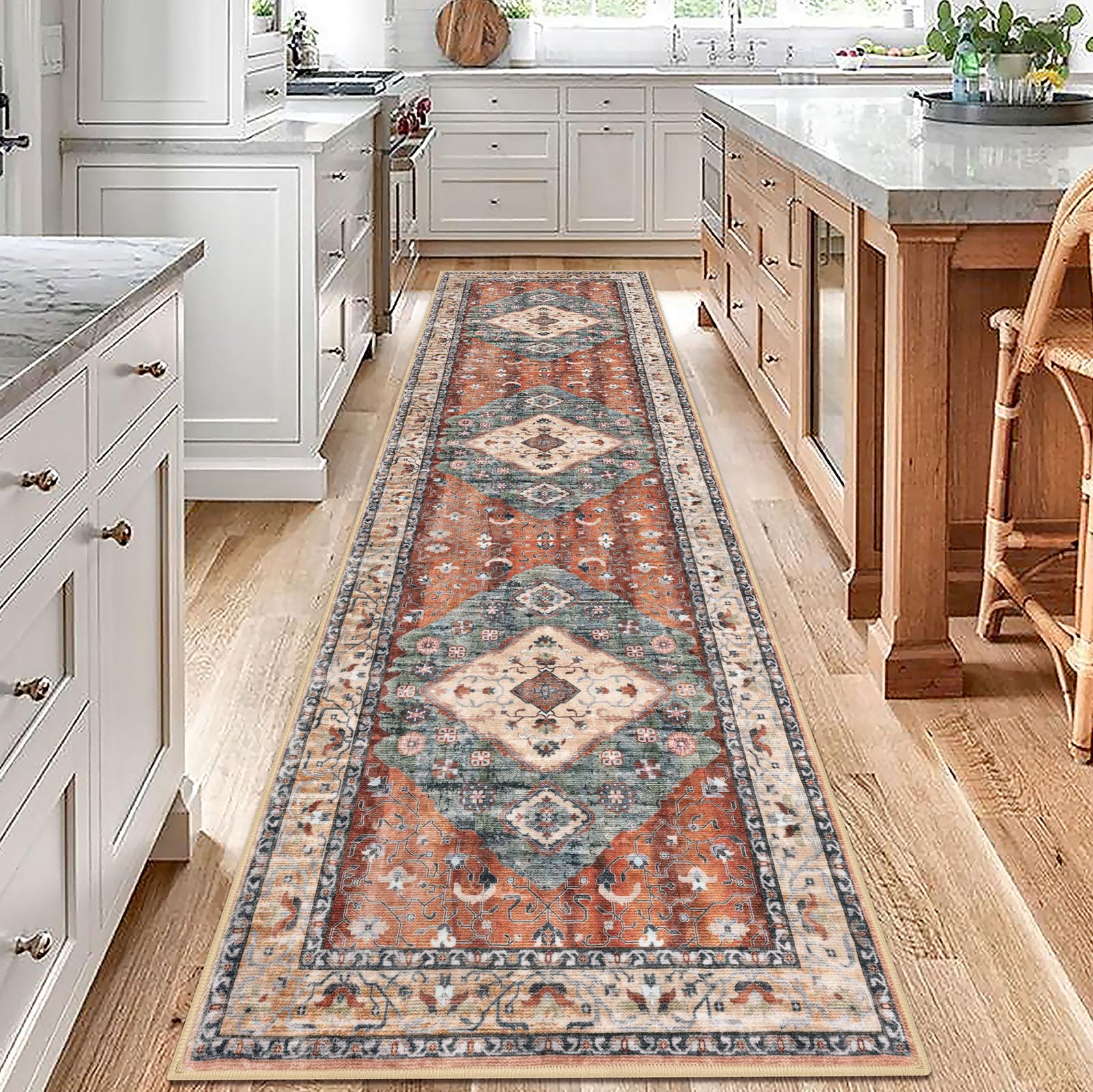 KOZYFLY Long Runners for Hallways 2.6x10 Ft Washable Kitchen Boho Runner Rug for Entryway Indoor Rust/Orange/Blue Printed Faux Wool Stair Runner Floor Carpet Runner for Stair Kitchen Hall — image 1