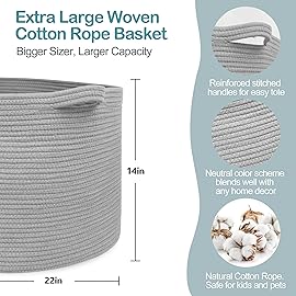 MEGASKET Extra Large Grey Storage Basket, 22 X 22 X 14 XXXL Blanket Basket for Living Room, Gray Wicker Woven Cotton Rope Baskets for Storage, Kids Toy Baskets Bins, Decorative Pillow Towel Basket