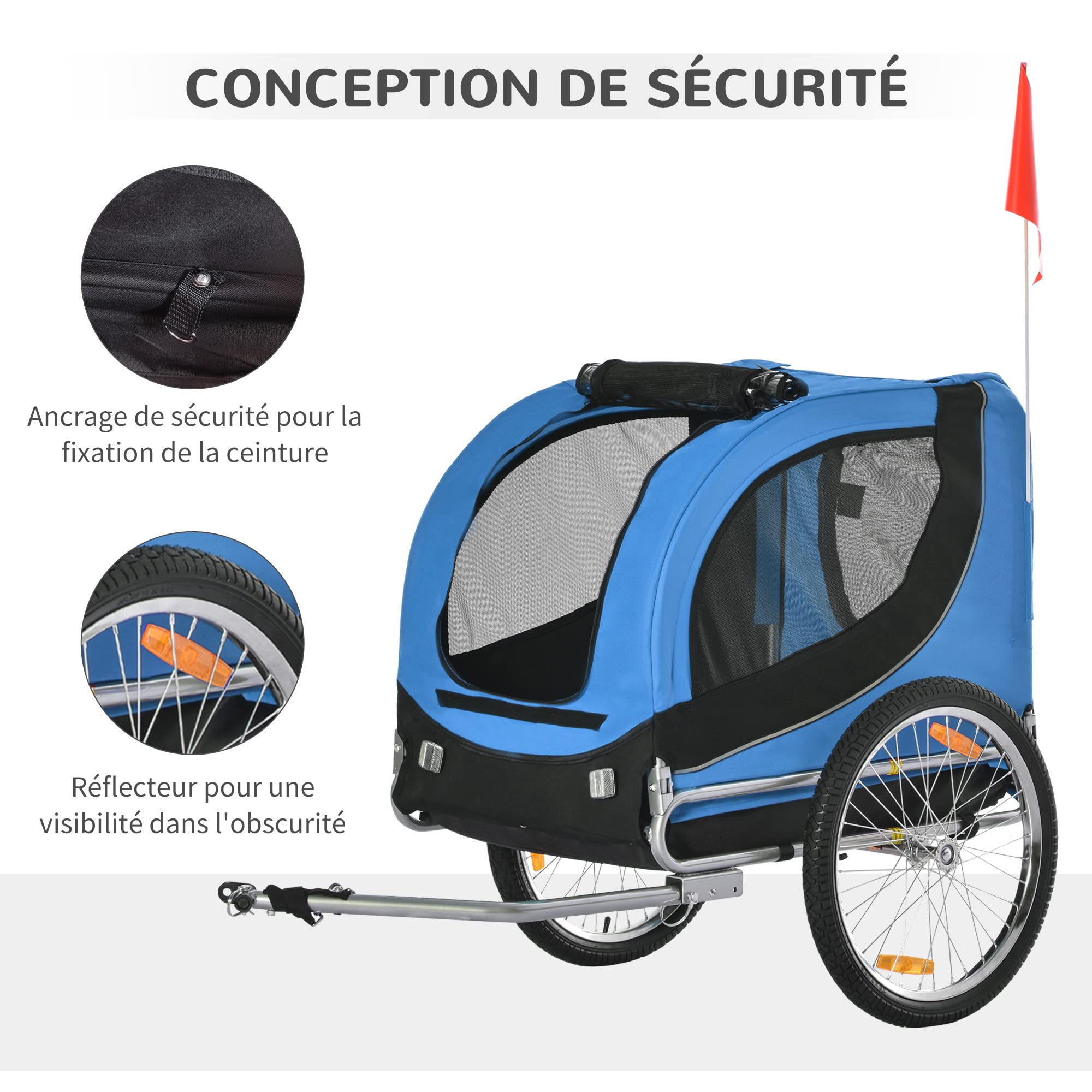PawHut Remorque Velo pour Chien Animaux avec 8 reflecteurs Drapeau Bleu Noir