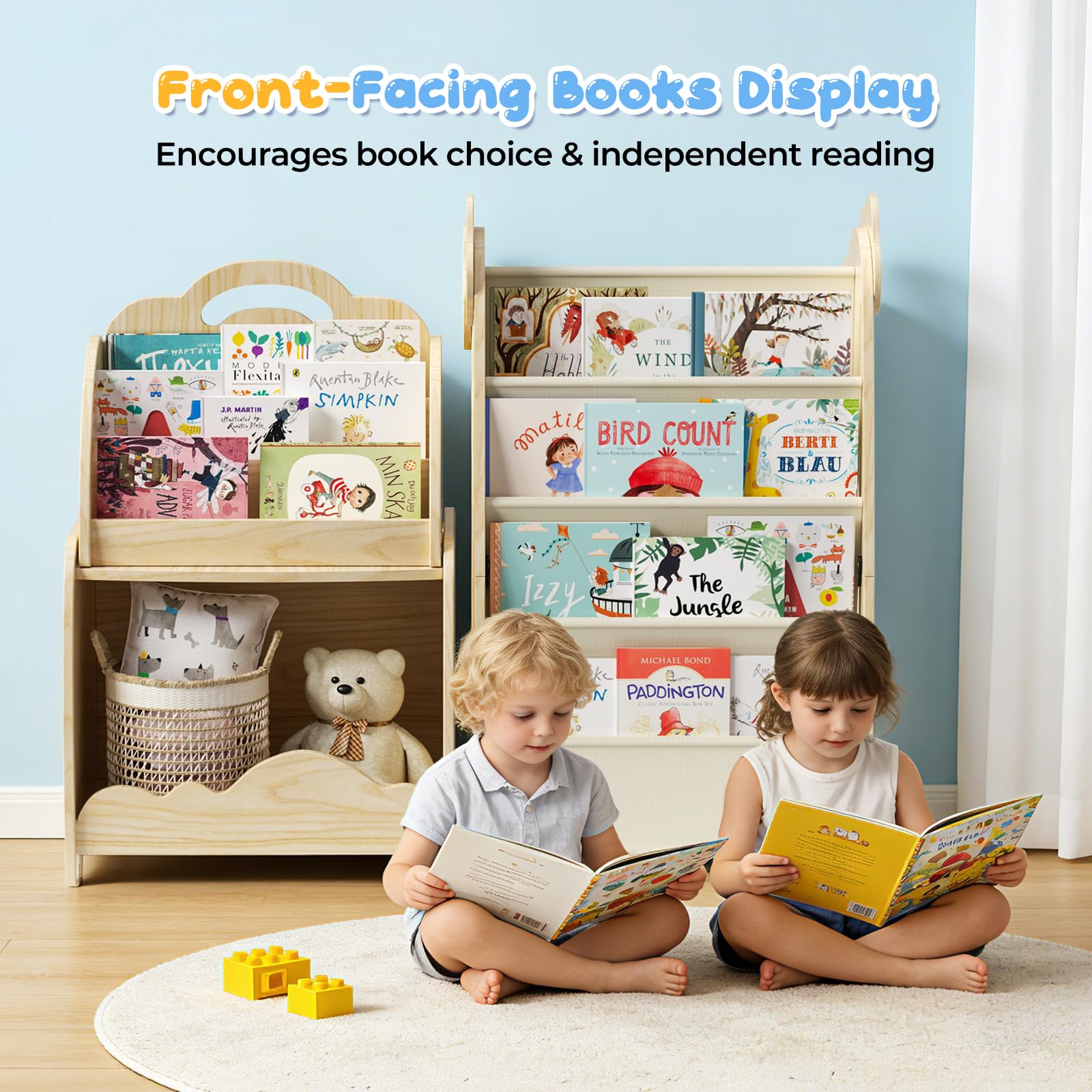 Kinderregal, 3-in-1 Kinderbücherregal und Spielzeugaufbewahrungsregal mit Hängetasche, Tragbares Bücherregal mit Griff, Aufbewahrungsregal aus Holz für Schlafzimmer und Spielzimmer (Abnehmbar)