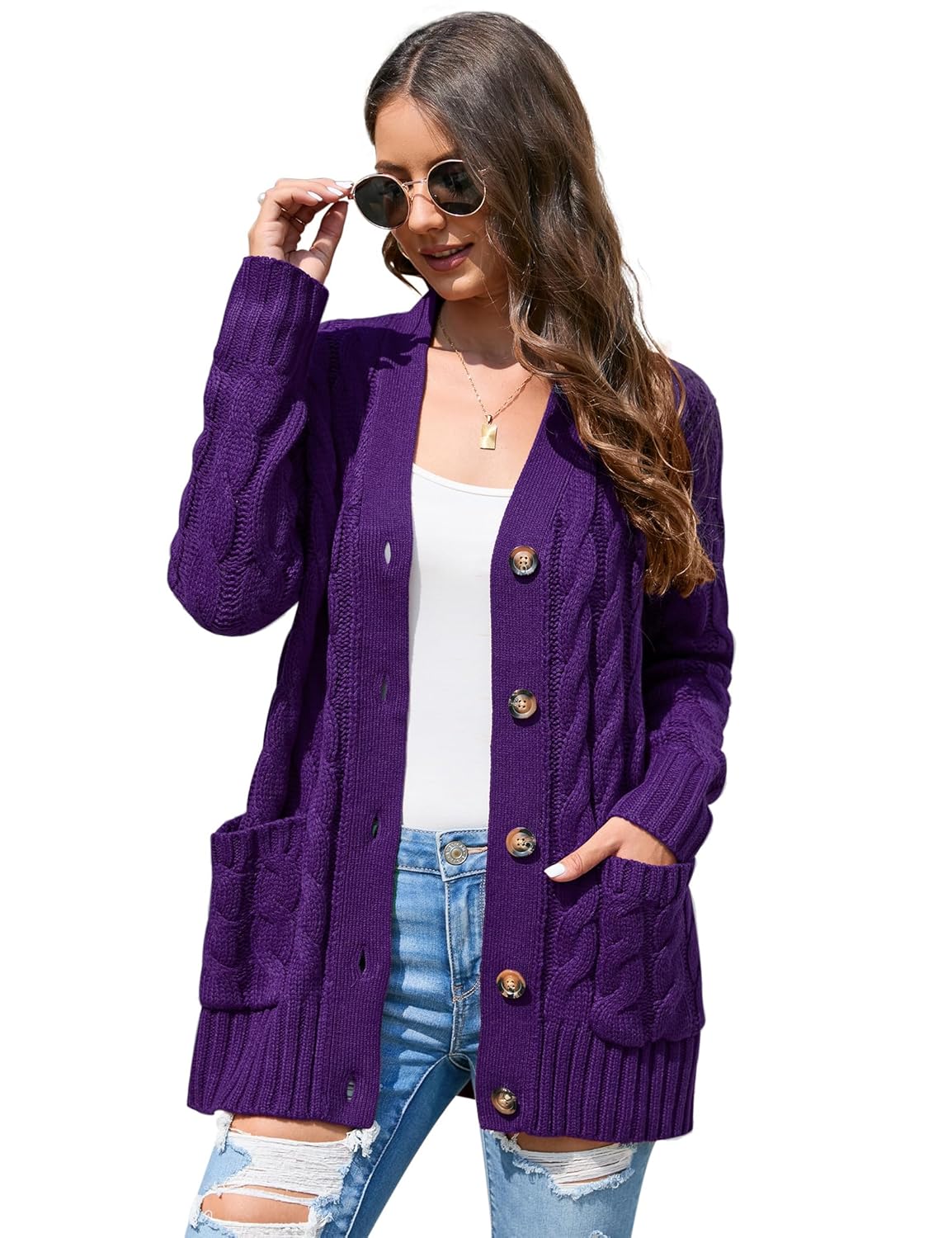 MISSKY Womens Open Front Cardigan Sweater with Pockets Long Sleeve Cable Knit Button Loose Cardigan Sweater Outwear