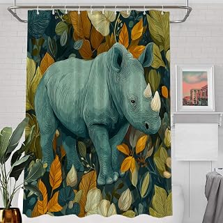 Batmerry Wild Rhinoceros Decor Shower Curtain, Green Rhino in Leaves Bathroom Decor Polyester Fiber Plastic Rings Quick-Drying Waterproof for Bathtubs/Bathroom, 72x60 inches