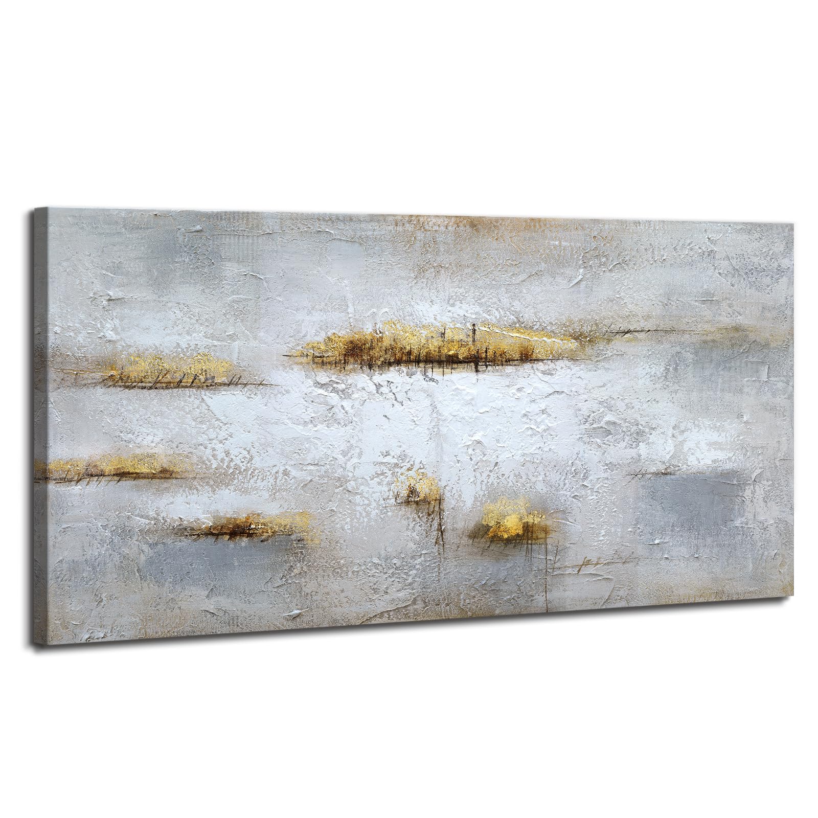 Große Abstrakt Gemälde auf Leinwand Handgemalt, Weiß Grau Gold Gerahmte Wandbilder, Abstrakte Kunstbilder Acrylgemälde 120x60 cm