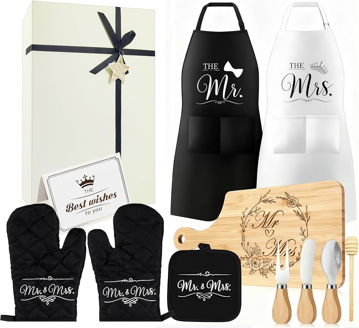 Mr & Mrs Apron Gift Set for Couple Newlyweds Kitchen Gift Cutting Board, Microwave Mitt, Mat, Cheese Knife His Hers Husband and Wife Gift Wedding Anniversary Bridal Shower Engagement Gift