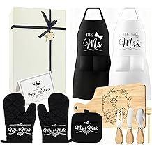 Mr & Mrs Apron Gift Set for Couple Newlyweds Kitchen Gift Cutting Board, Microwave Mitt, Mat, Cheese Knife His Hers Husband and Wife Gift Wedding Anniversary Bridal Shower Engagement Gift