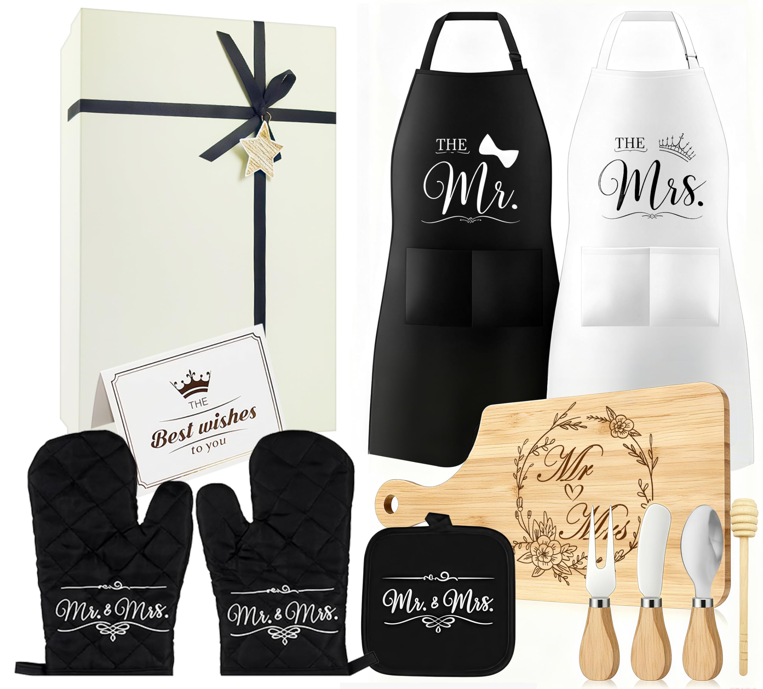 Mr & Mrs Apron Gift Set for Couple Newlyweds Kitchen Gift Cutting Board, Microwave Mitt, Mat, Cheese Knife His and Hers Husband and Wife Gift Wedding Anniversary Bridal Shower Engagement Gift
