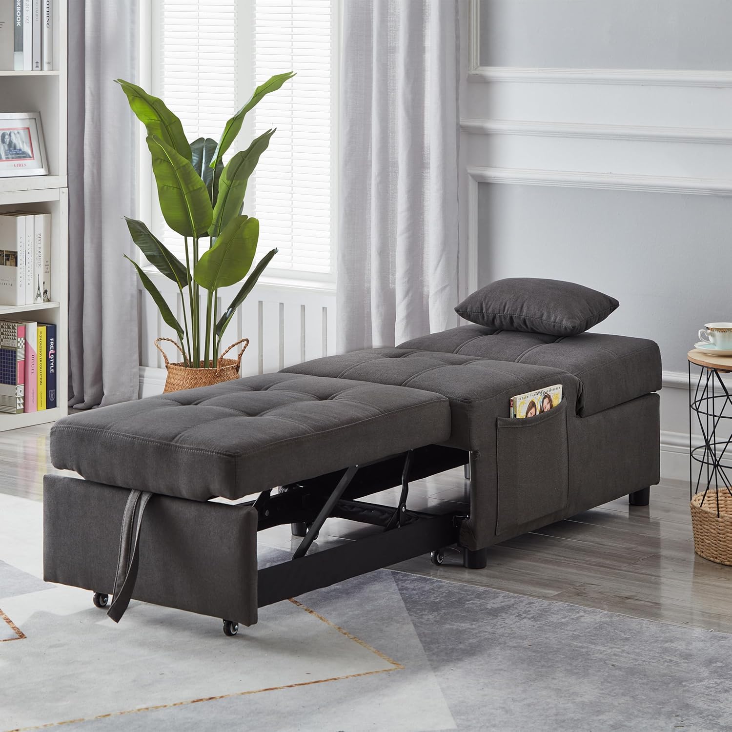 4 in 1 Ottoman Bed Sleeper Chair, Convertible Chair Bed Adjustable Backrest Pullout Sofa Bed, Durable Linen Fabric Chaise Lounge, with 1 Pillow, for Home Living Room (Grey)