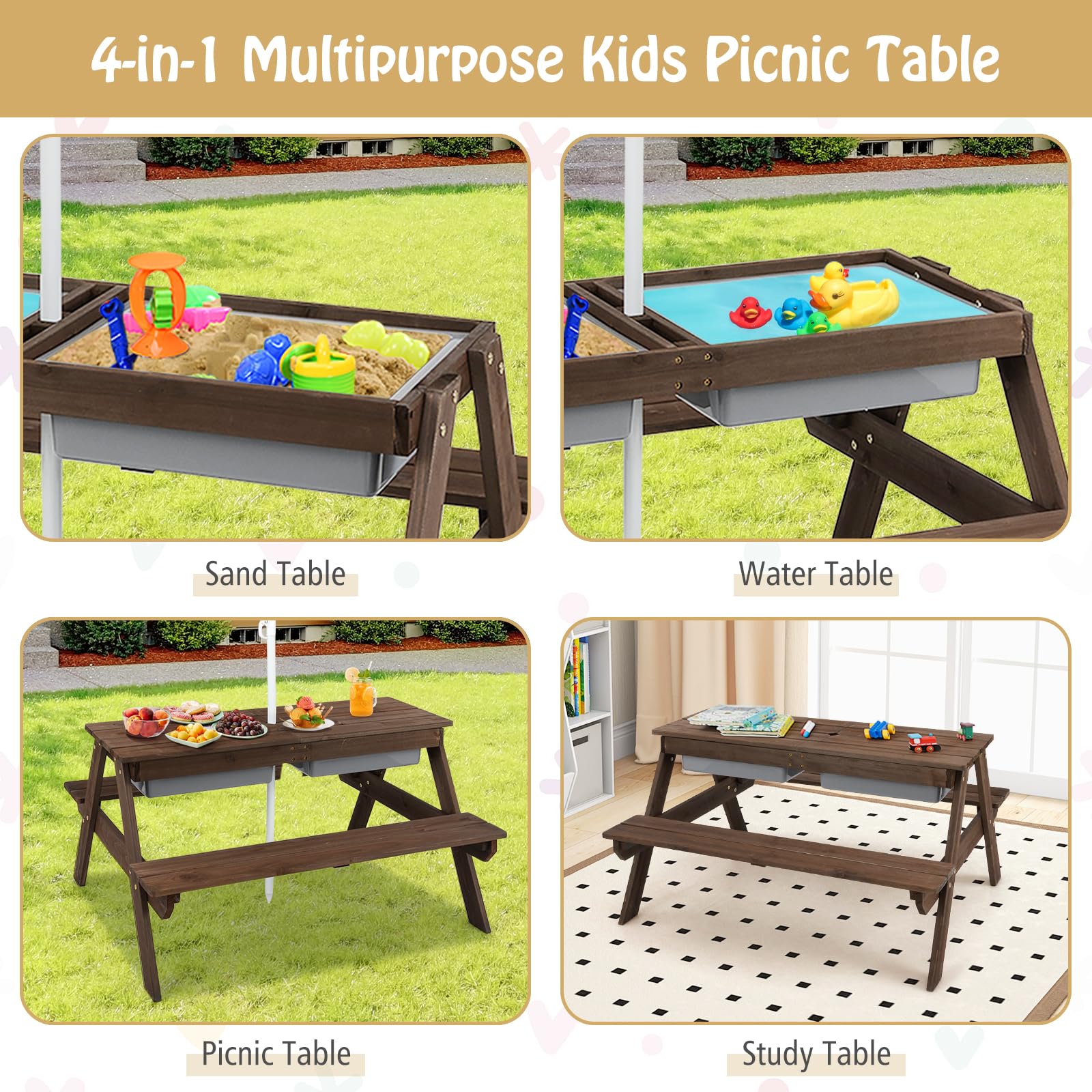 HONEY JOY Kids Picnic Table, 4 in 1 Cedar Wooden Sand & Water Table w/ 3 Removable Box & Umbrella, Kids Picnic Tables for Outdoors Backyard Garden, Toddler Patio Furniture Set for Boys Girls(Walnut)