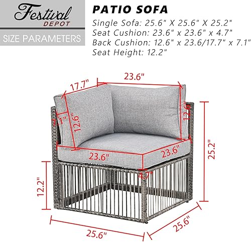 Miniatura 2 de Festival Depot Sofá individual de mimbre para patio, silla de esquina al aire libre, brazo derecho, sofá de ratán de polietileno marrón para todo